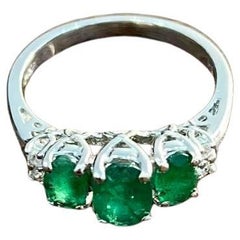 Oval Shape Three Stone Green Emerald Diamond Accent White Gold Statement Ring