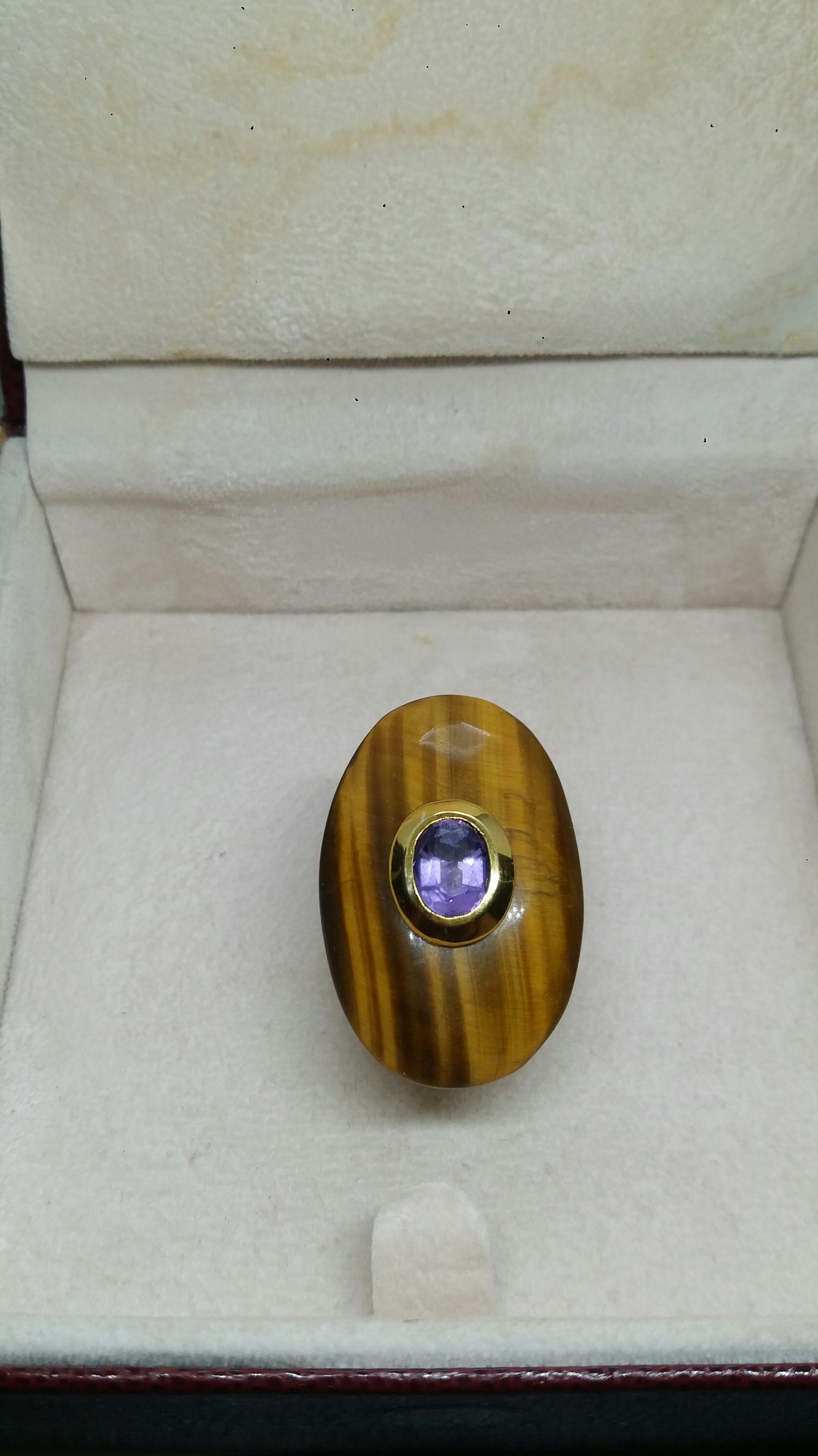 Oval Shape Tiger Eye Faceted Oval Amethyst 14 Kt Gold Cocktail Ring For Sale 4