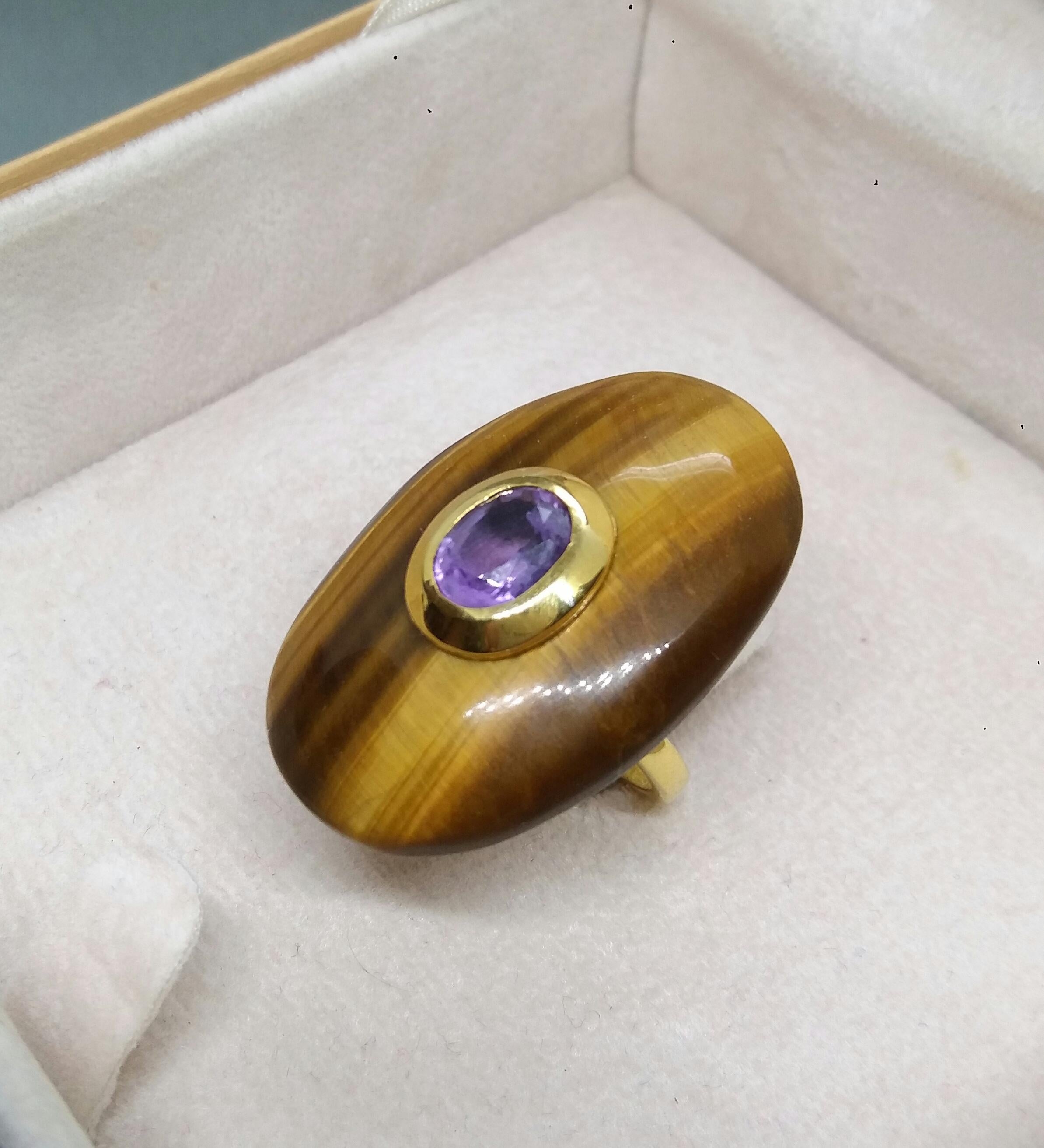 Oval Shape Tiger Eye Faceted Oval Amethyst 14 Kt Gold Cocktail Ring For Sale 10