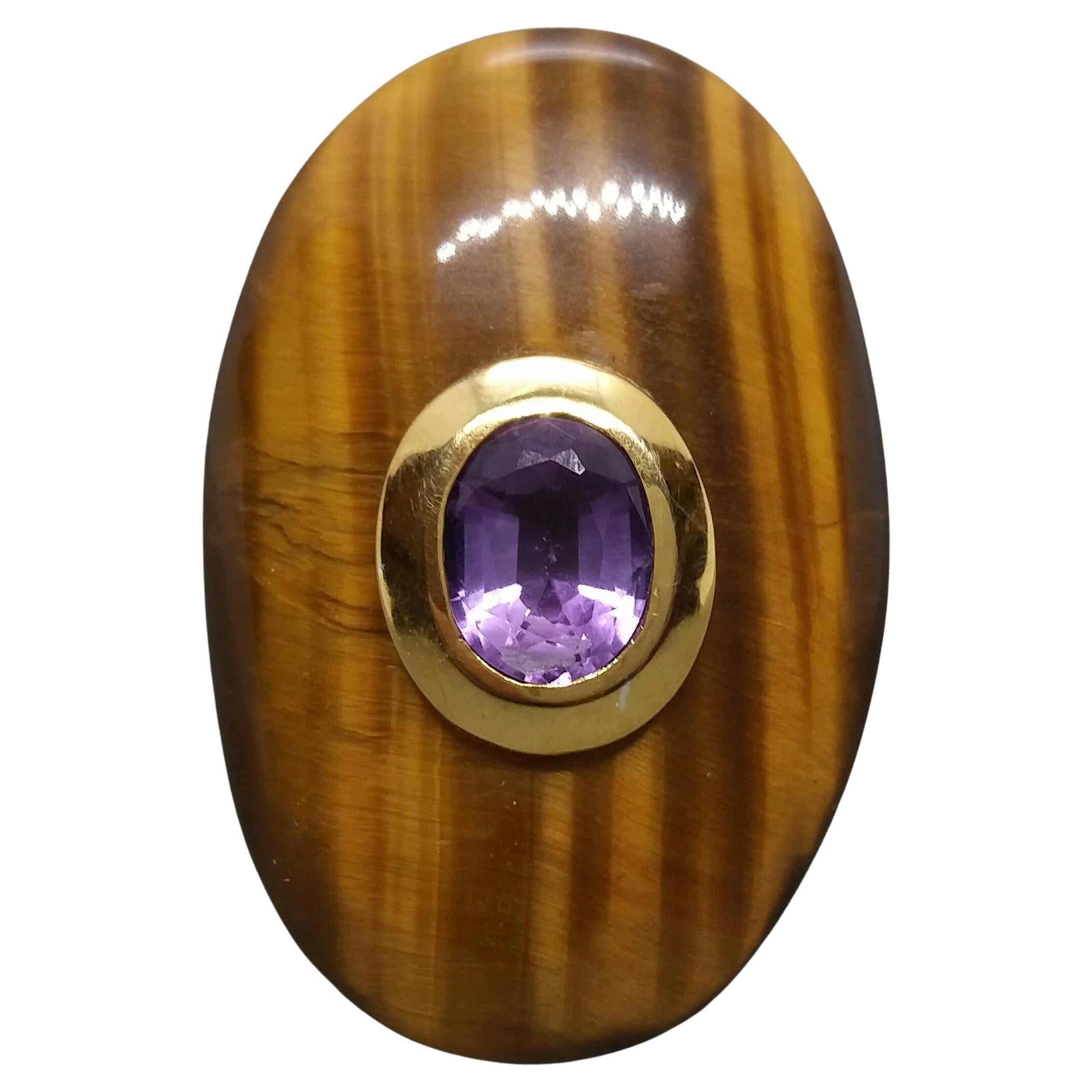 Ovaler facettierter ovaler Amethyst-Cocktailring mit Tigerauge aus 14 Kt Gold