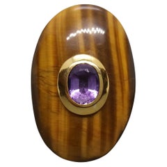 Anello da cocktail in oro 14 Kt con ametista ovale sfaccettata a forma di occhio di tigre