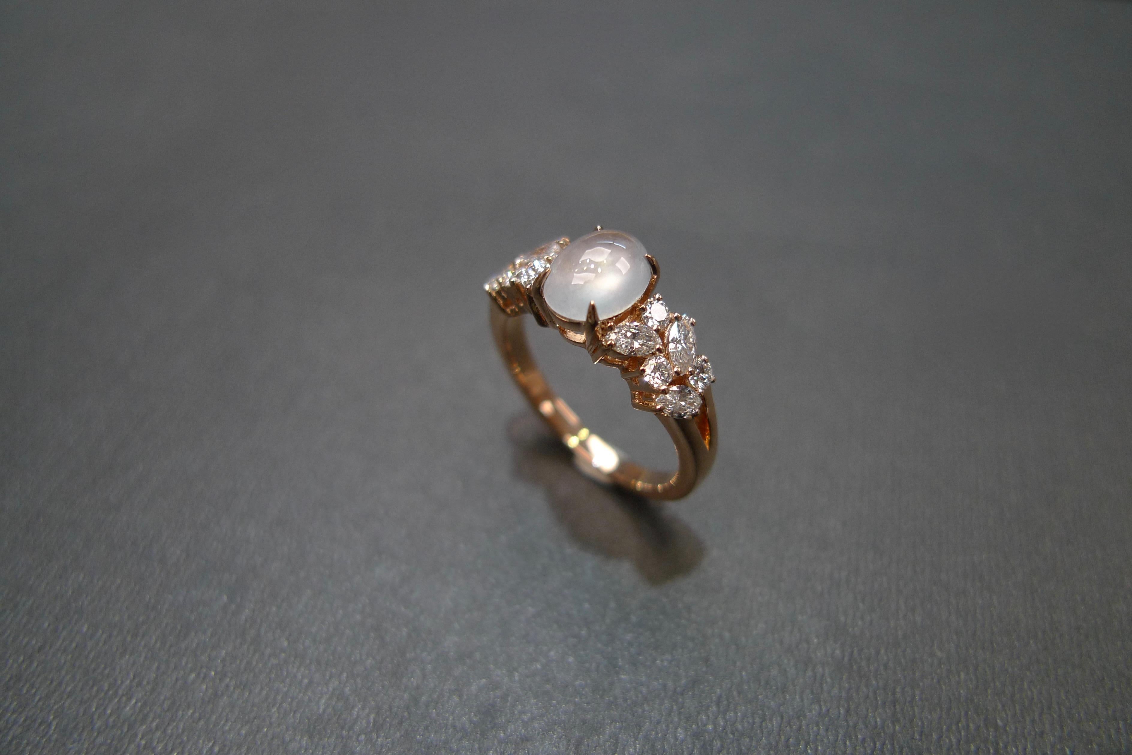 For Sale:  Oval Shape White Jade and Marquise Diamond Engagement Ring in 18k Rose Gold 10