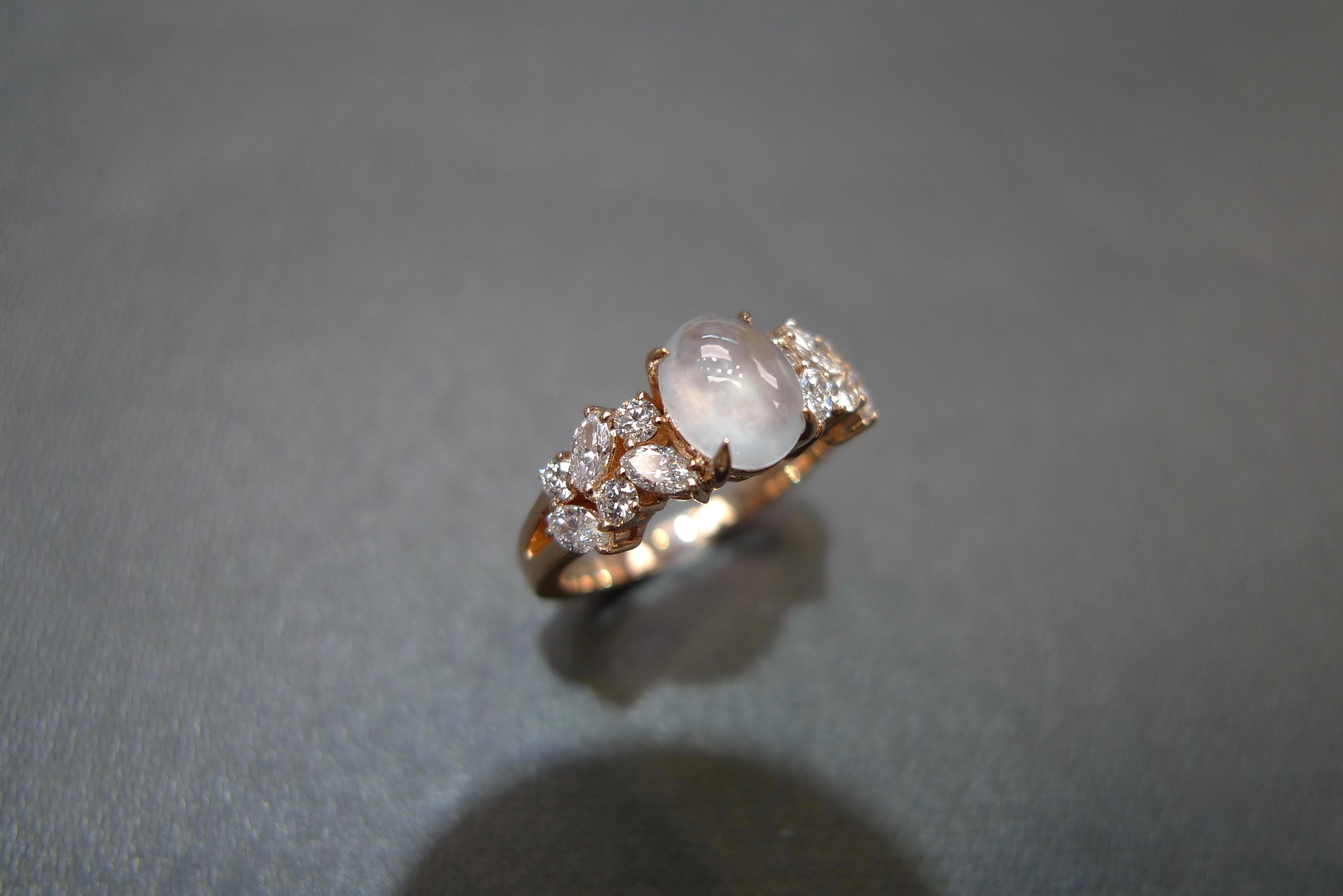 For Sale:  Oval Shape White Jade and Marquise Diamond Engagement Ring in 18k Rose Gold 11