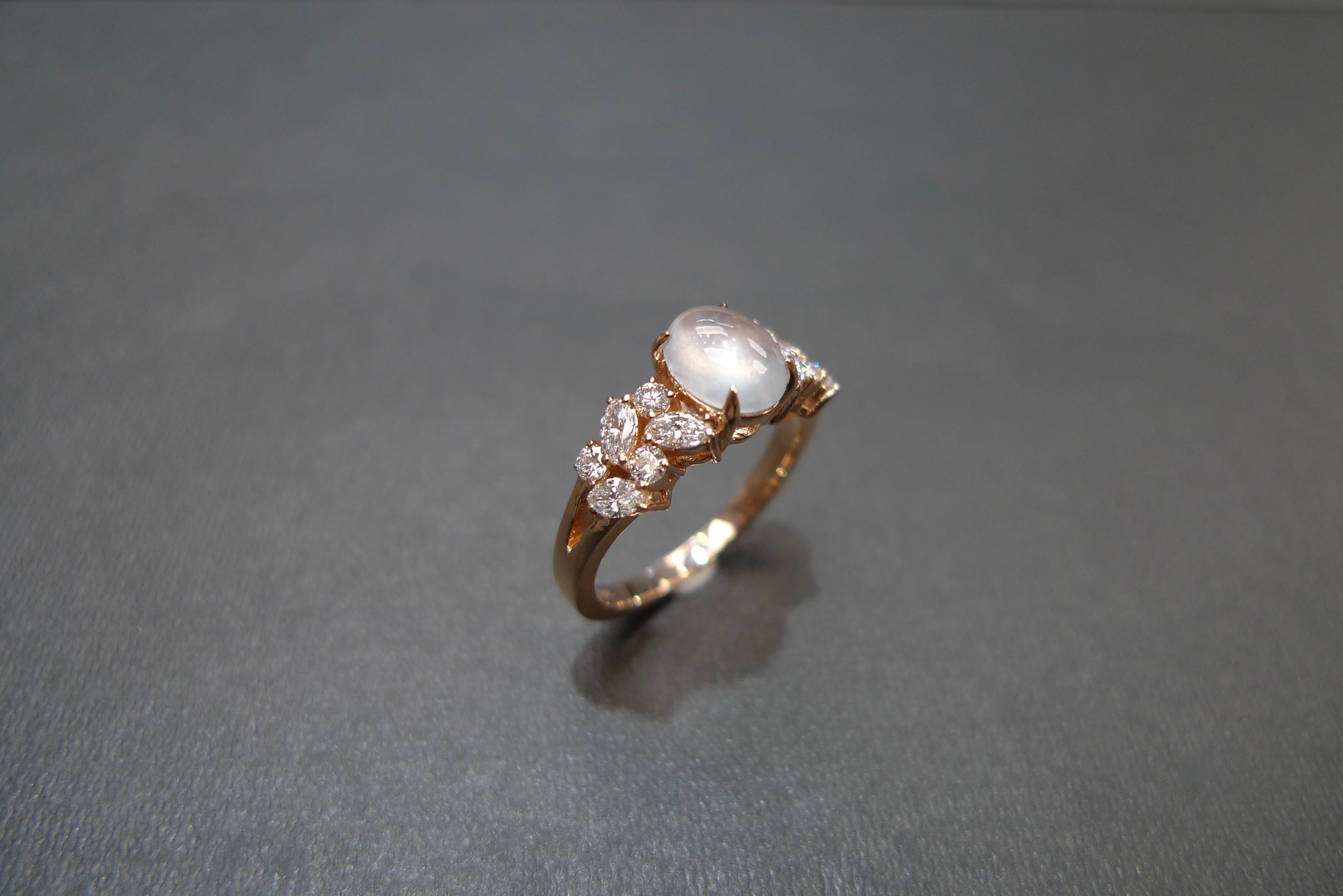 For Sale:  Oval Shape White Jade and Marquise Diamond Engagement Ring in 18k Rose Gold 3