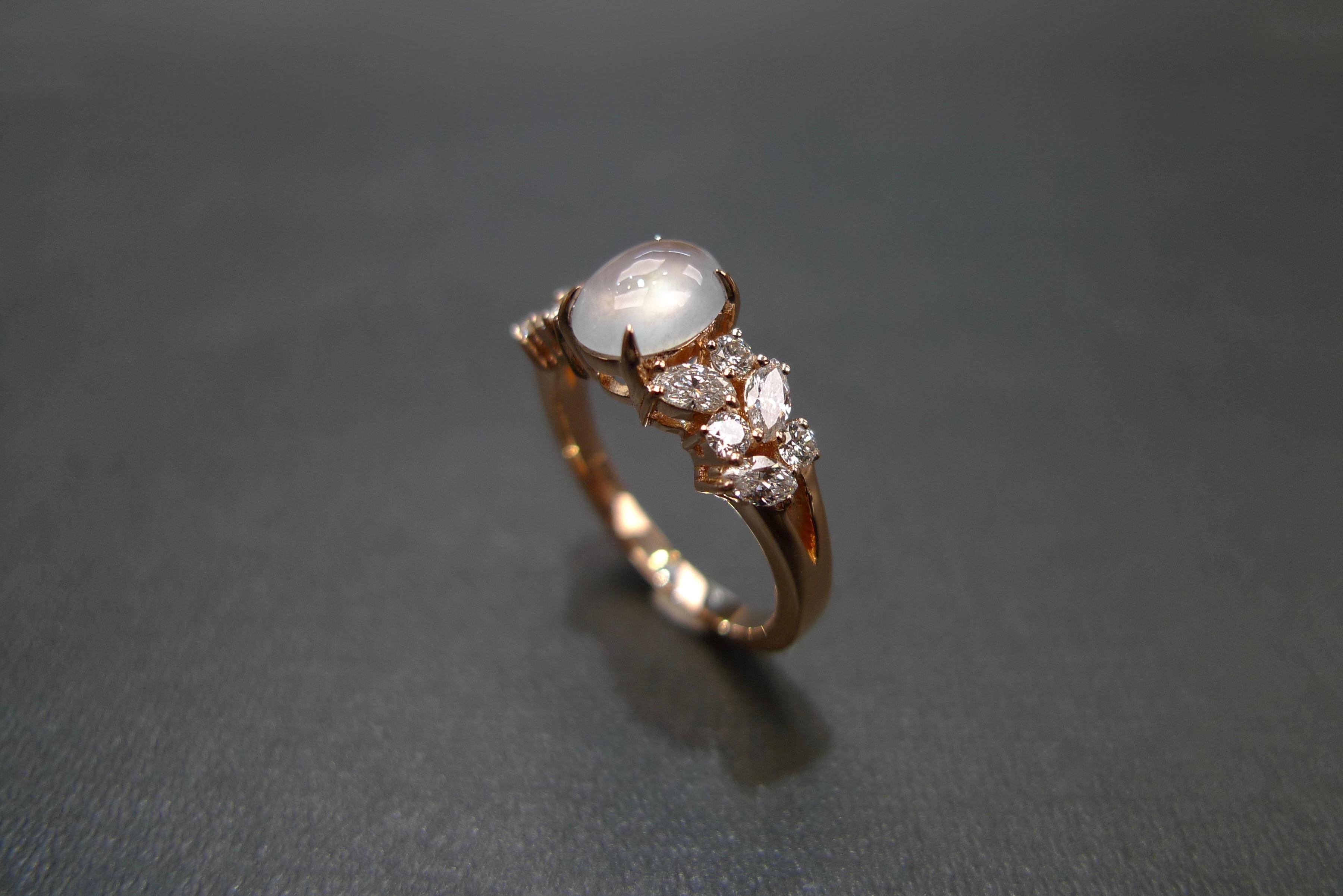 For Sale:  Oval Shape White Jade and Marquise Diamond Engagement Ring in 18k Rose Gold 4