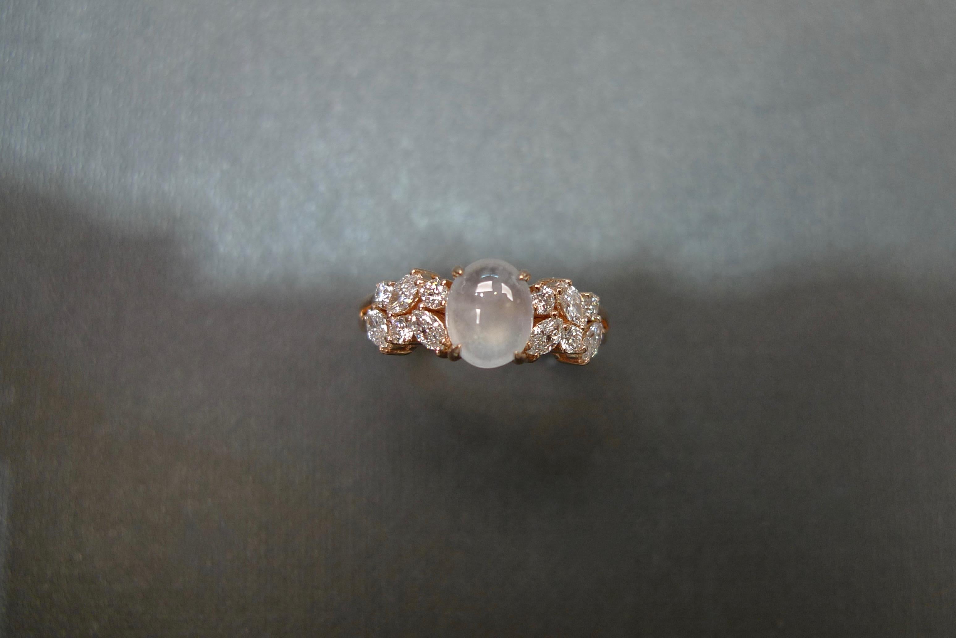 For Sale:  Oval Shape White Jade and Marquise Diamond Engagement Ring in 18k Rose Gold 5