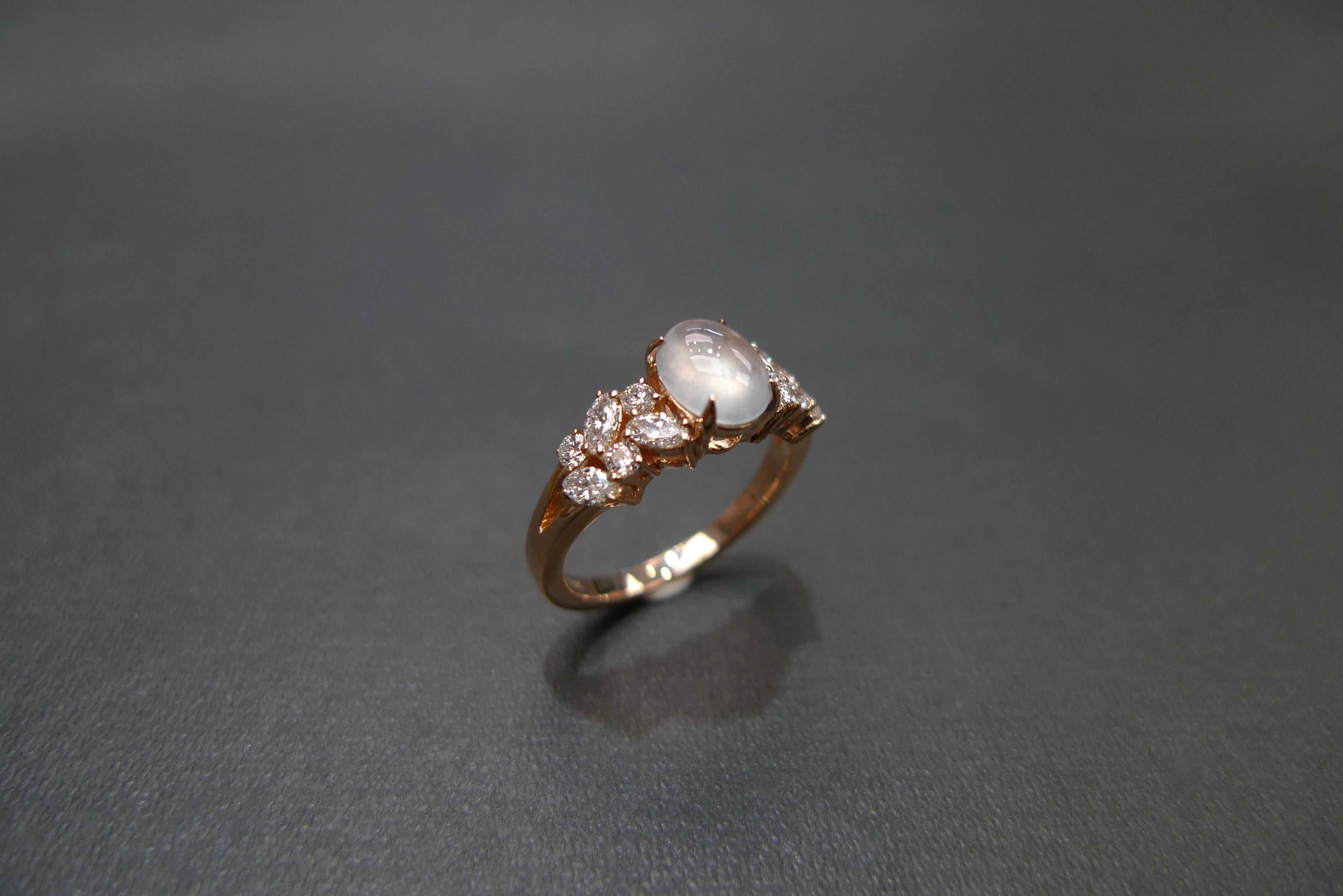 For Sale:  Oval Shape White Jade and Marquise Diamond Engagement Ring in 18k Rose Gold 6