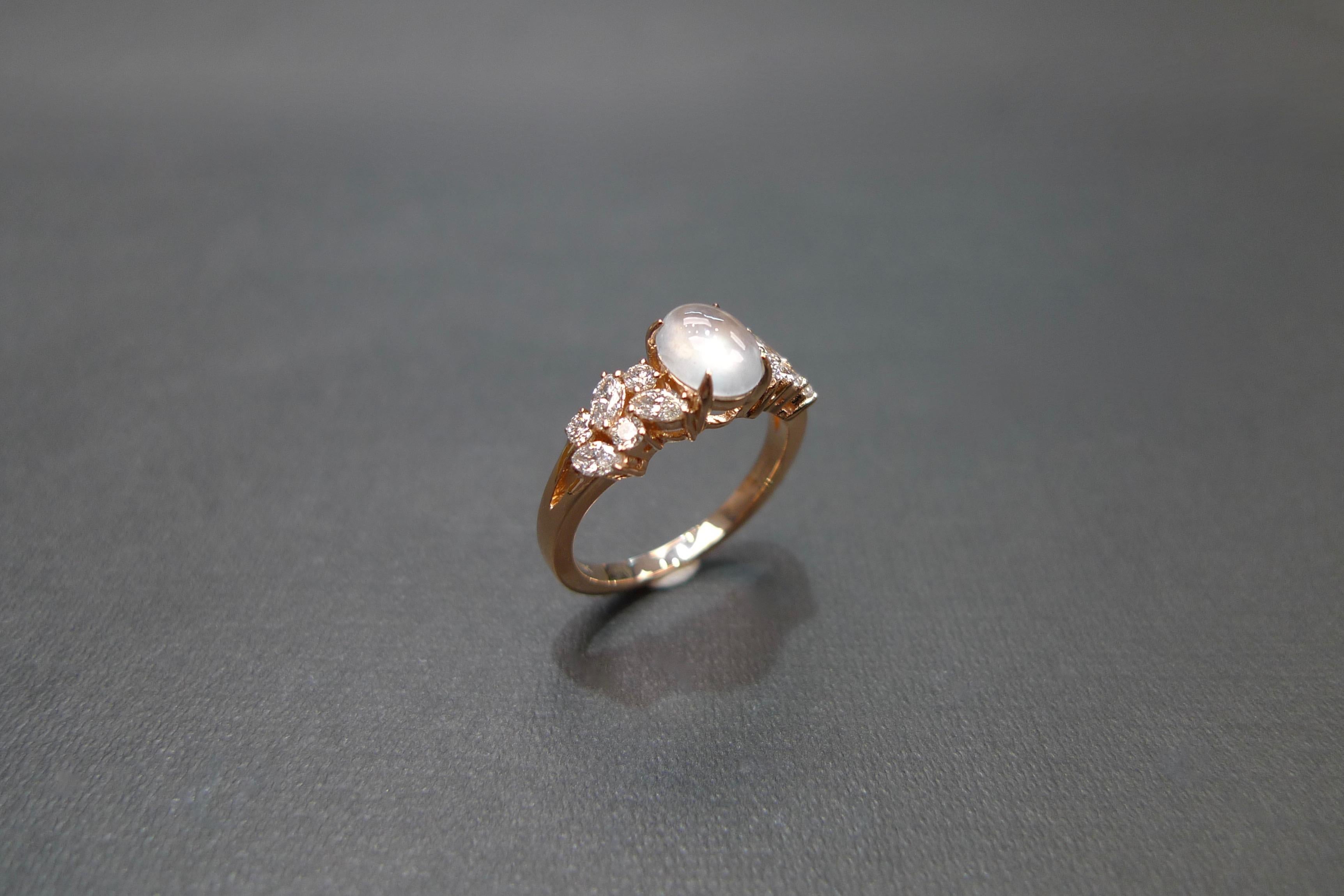 For Sale:  Oval Shape White Jade and Marquise Diamond Engagement Ring in 18k Rose Gold 7
