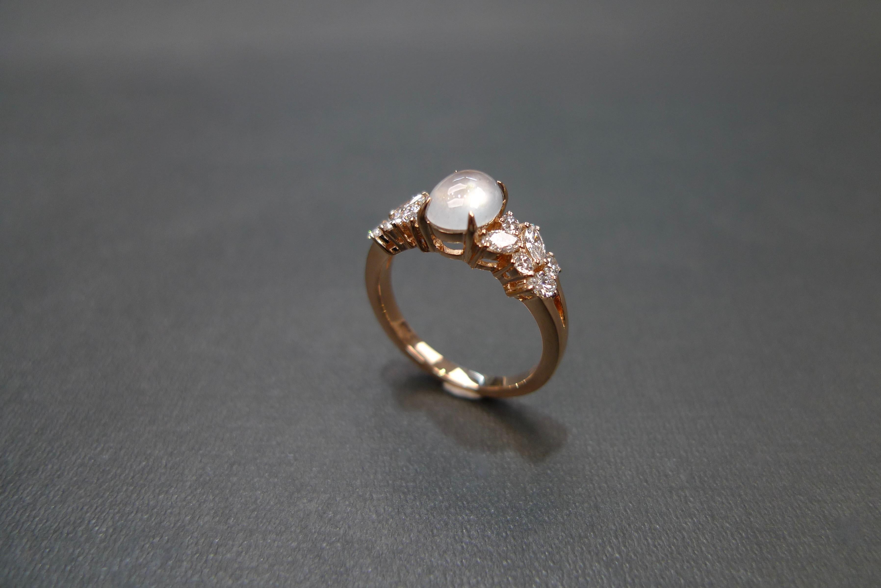 For Sale:  Oval Shape White Jade and Marquise Diamond Engagement Ring in 18k Rose Gold 8