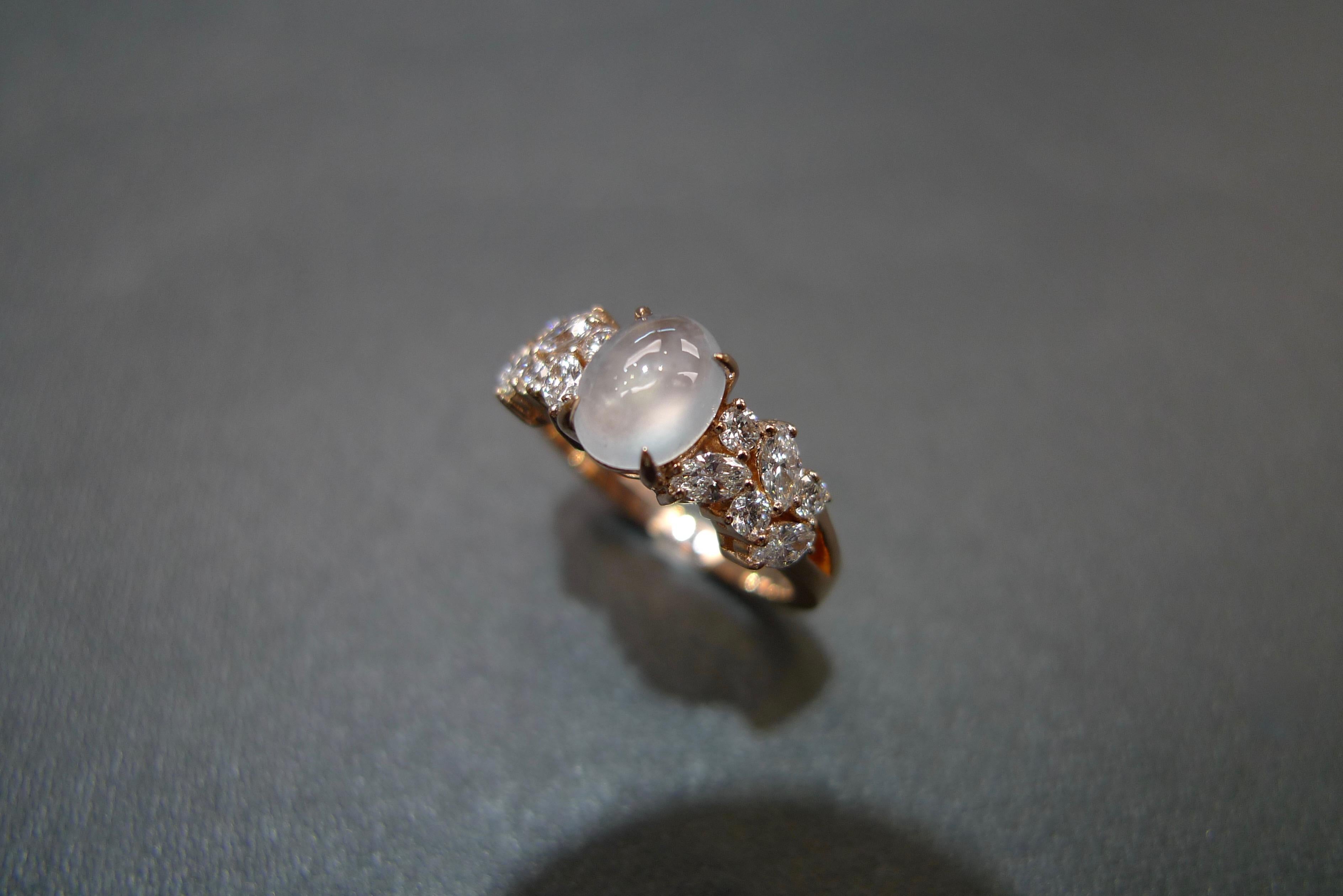 For Sale:  Oval Shape White Jade and Marquise Diamond Engagement Ring in 18k Rose Gold 9