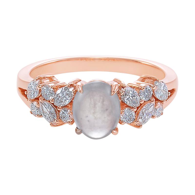 For Sale:  Oval Shape White Jade and Marquise Diamond Engagement Ring in 18k Rose Gold