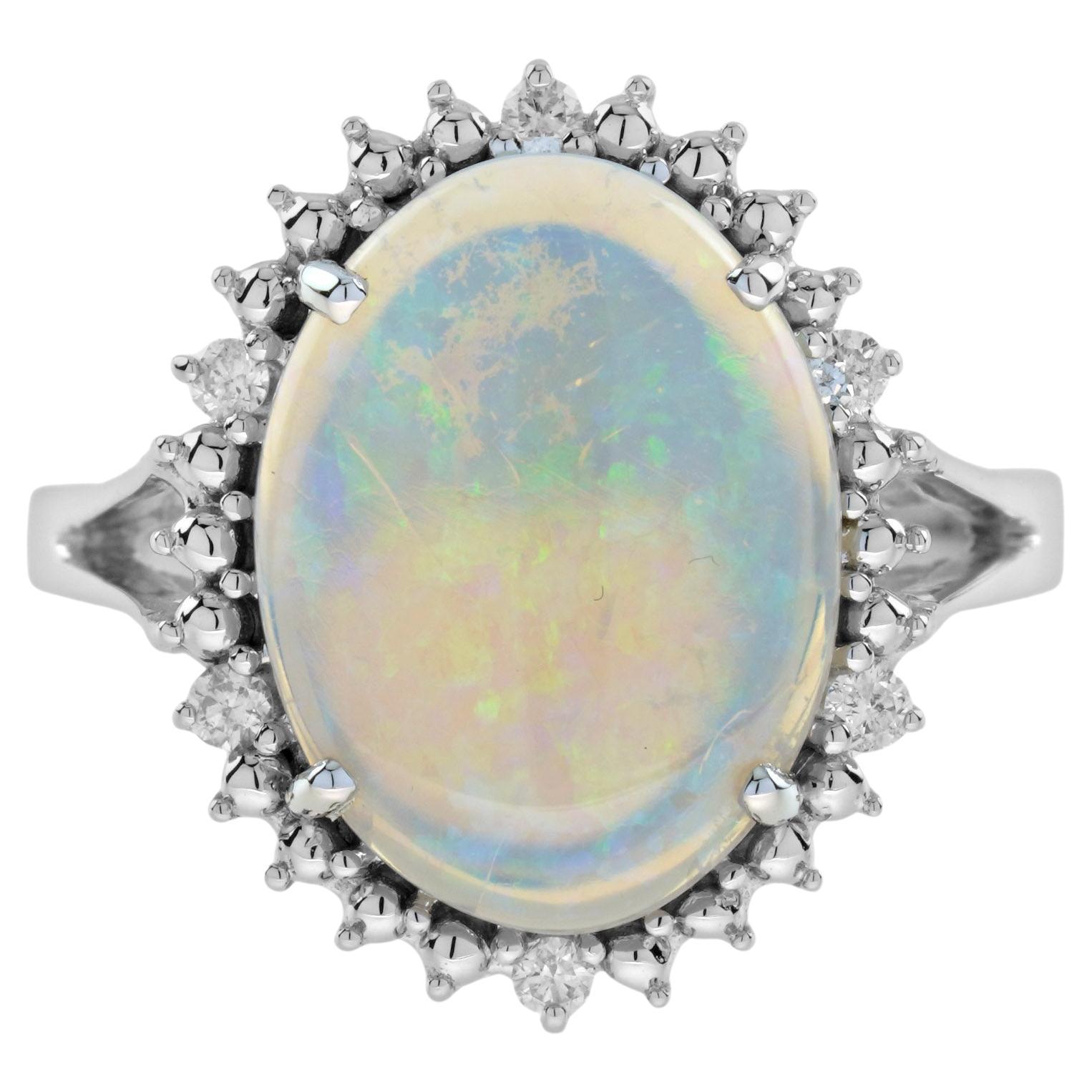 Ovaler weißer Opal & Diamant Vintage Style Cocktail 9K Weißgold Ring im Angebot
