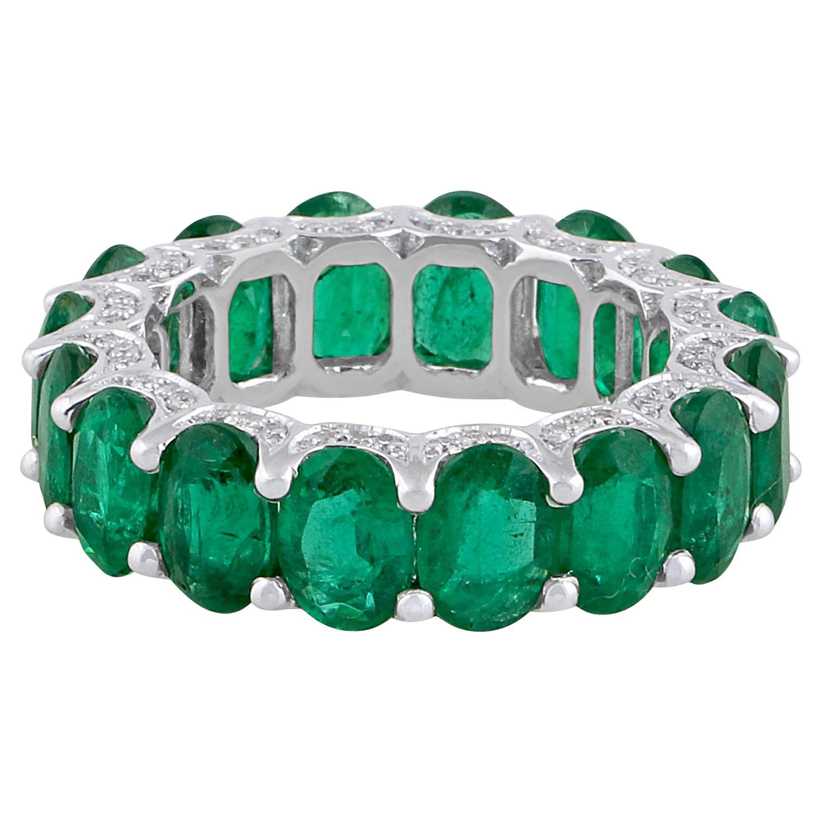 Oval Shape Zambian Emerald Band Ring SI/H Diamond 14 Karat White Gold Jewelry