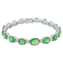 Oval Shape Natural Emerald Bracelet Diamond 18 Karat White Gold Fine Jewelry