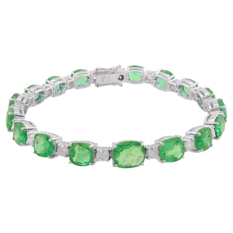 Oval Shape Zambian Emerald Bracelet Diamond 18 Karat White Gold Fine ...