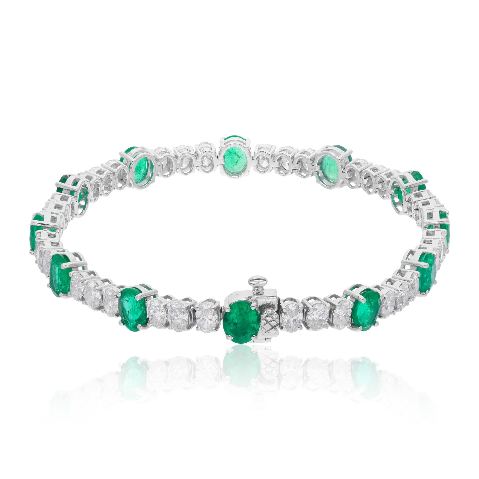 Modern Oval Shape Zambian Emerald Diamond Bracelet 18 Karat White Gold Handmade Jewelry For Sale