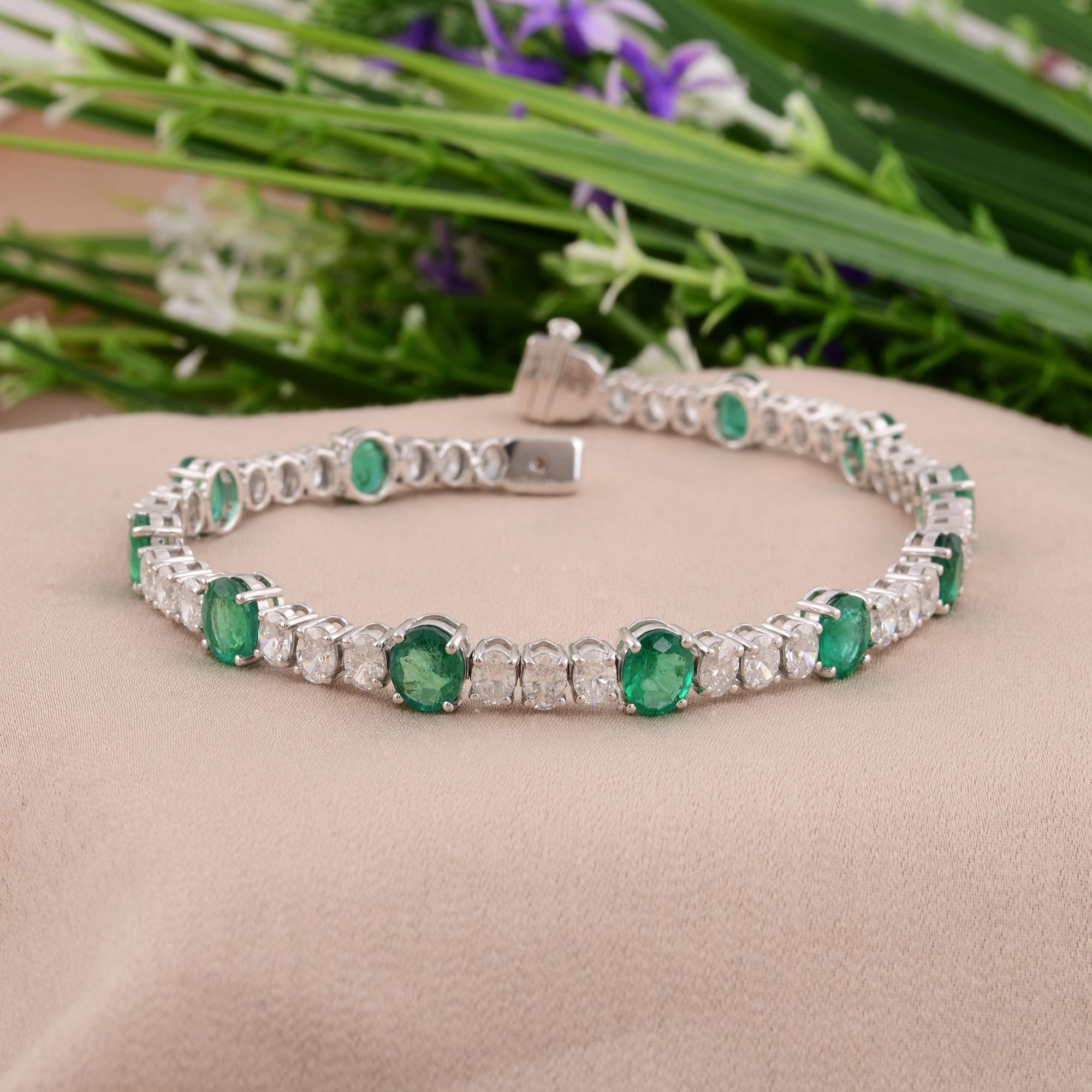 Oval Cut Oval Shape Zambian Emerald Diamond Bracelet 18 Karat White Gold Handmade Jewelry For Sale