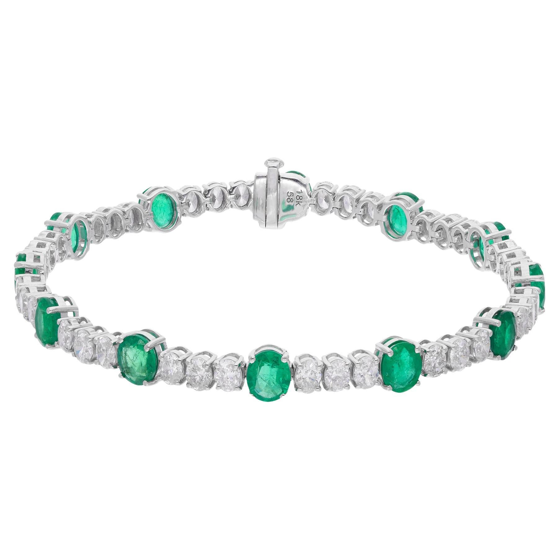 Oval Shape Zambian Emerald Diamond Bracelet 18 Karat White Gold Handmade Jewelry