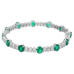 Oval Shape Zambian Emerald Diamond Bracelet 18 Karat White Gold Handmade Jewelry