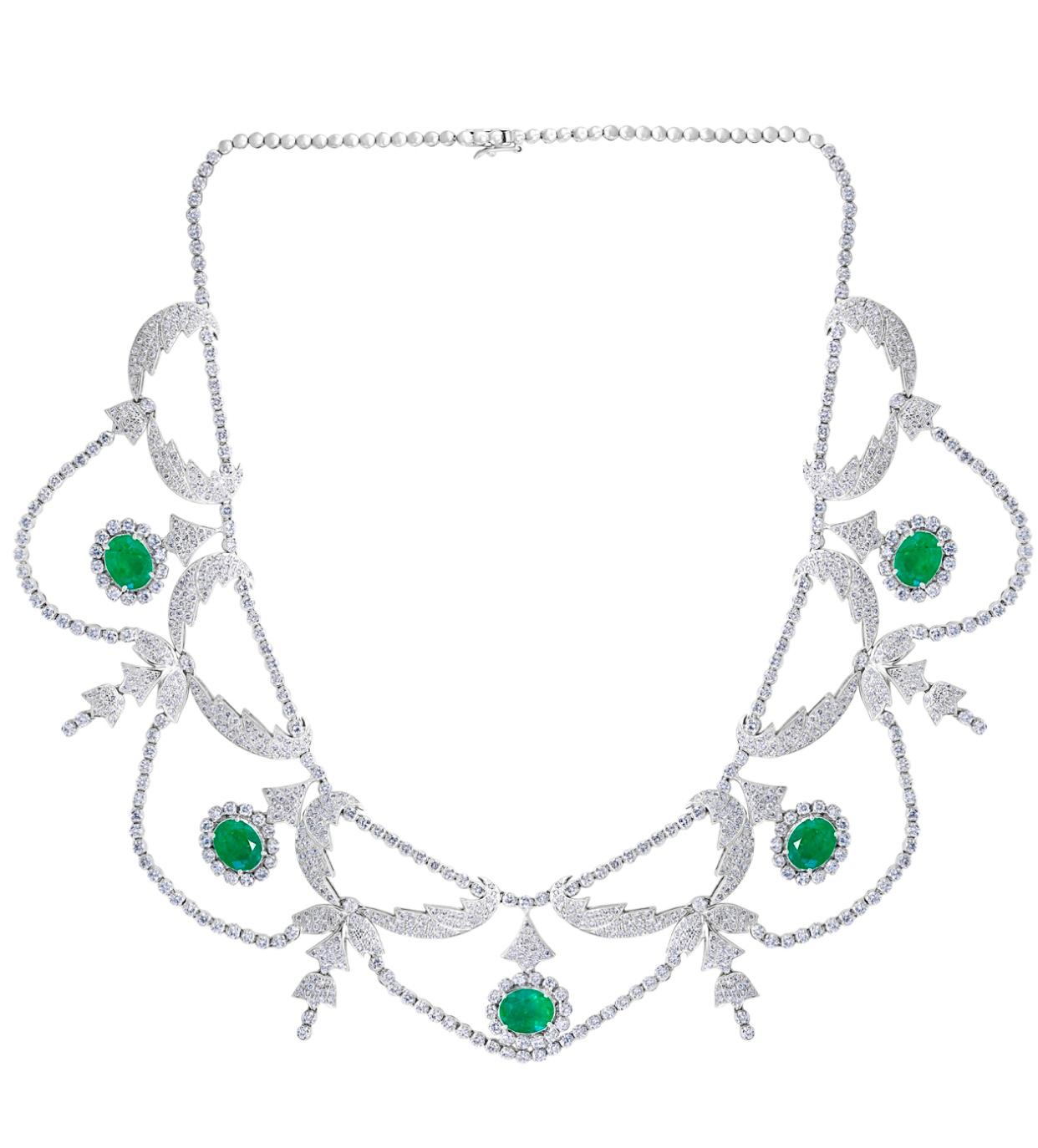 Oval Natural Zambian Emerald & Diamond Fringe Necklace and Earring Bridal Suite For Sale 4