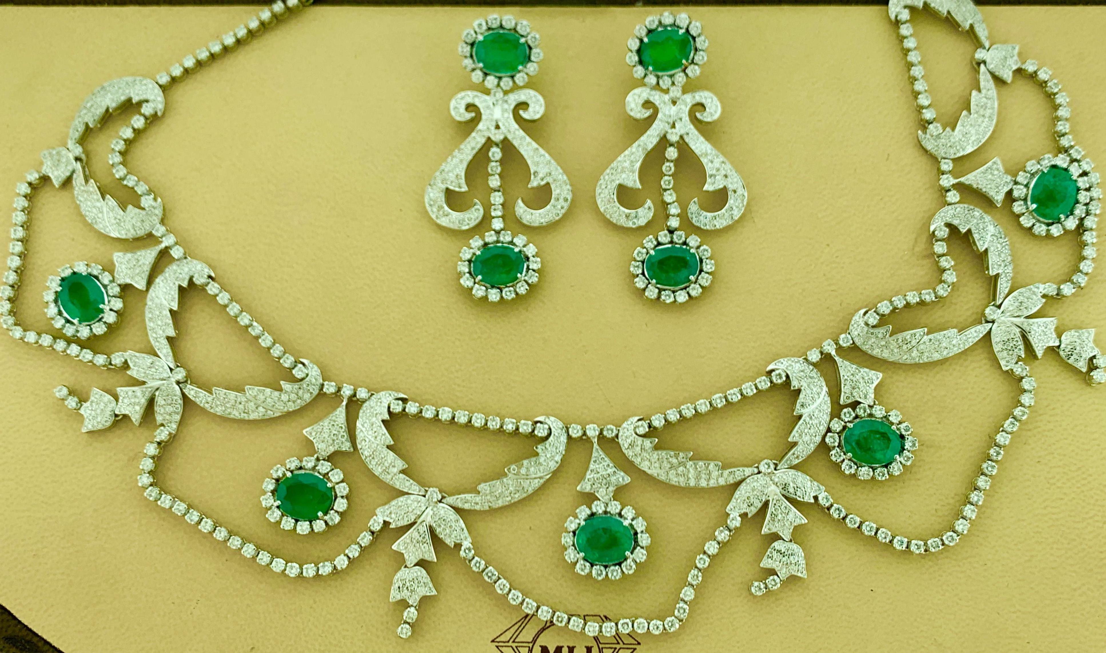 Oval Natural Zambian Emerald & Diamond Fringe Necklace and Earring Bridal Suite For Sale 5
