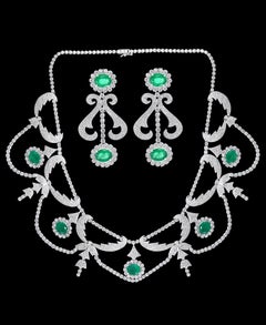 Oval Natural Zambian Emerald & Diamond Fringe Necklace and Earring Bridal Suite