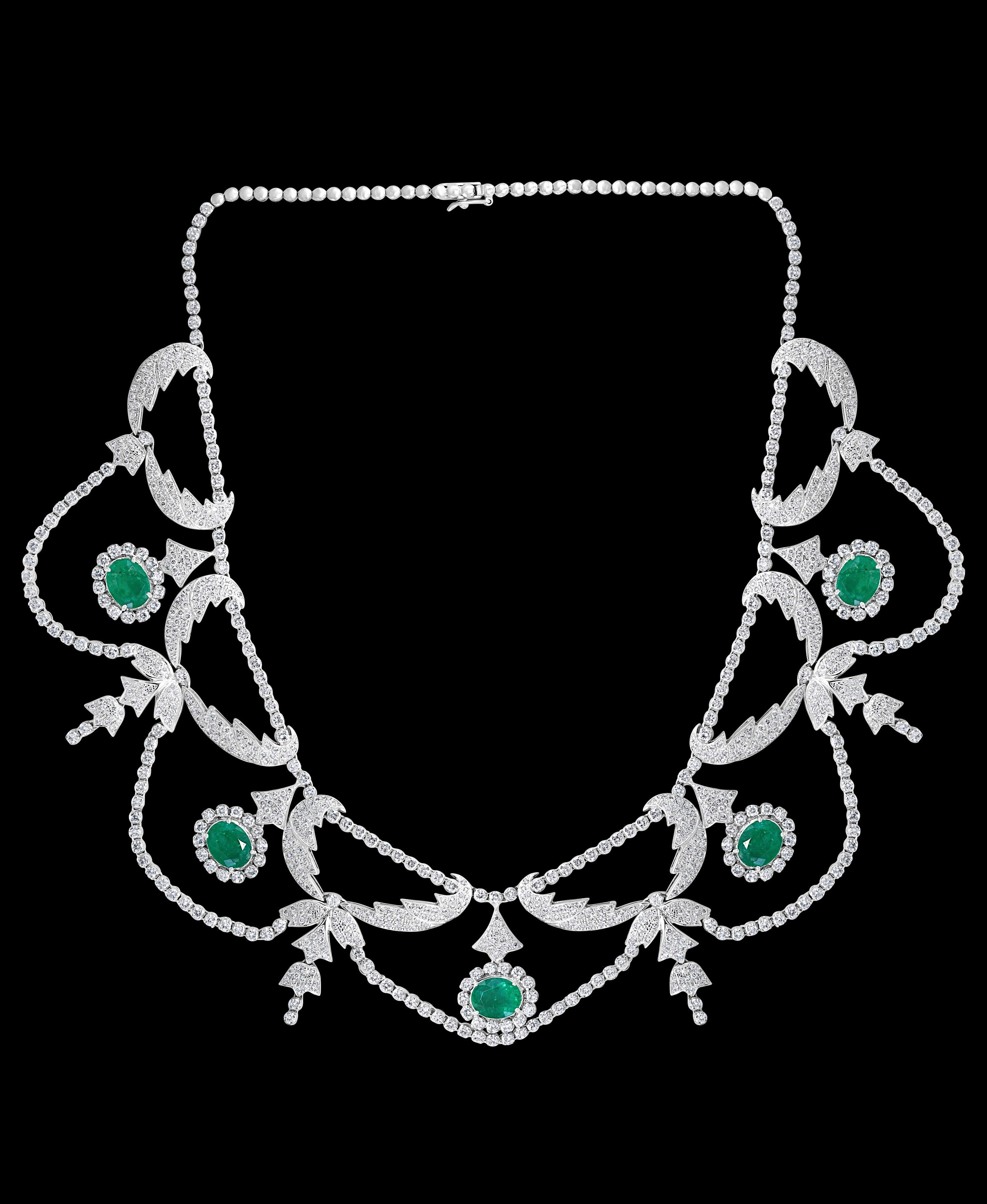 Oval Cut Oval Natural Zambian Emerald & Diamond Fringe Necklace and Earring Bridal Suite For Sale