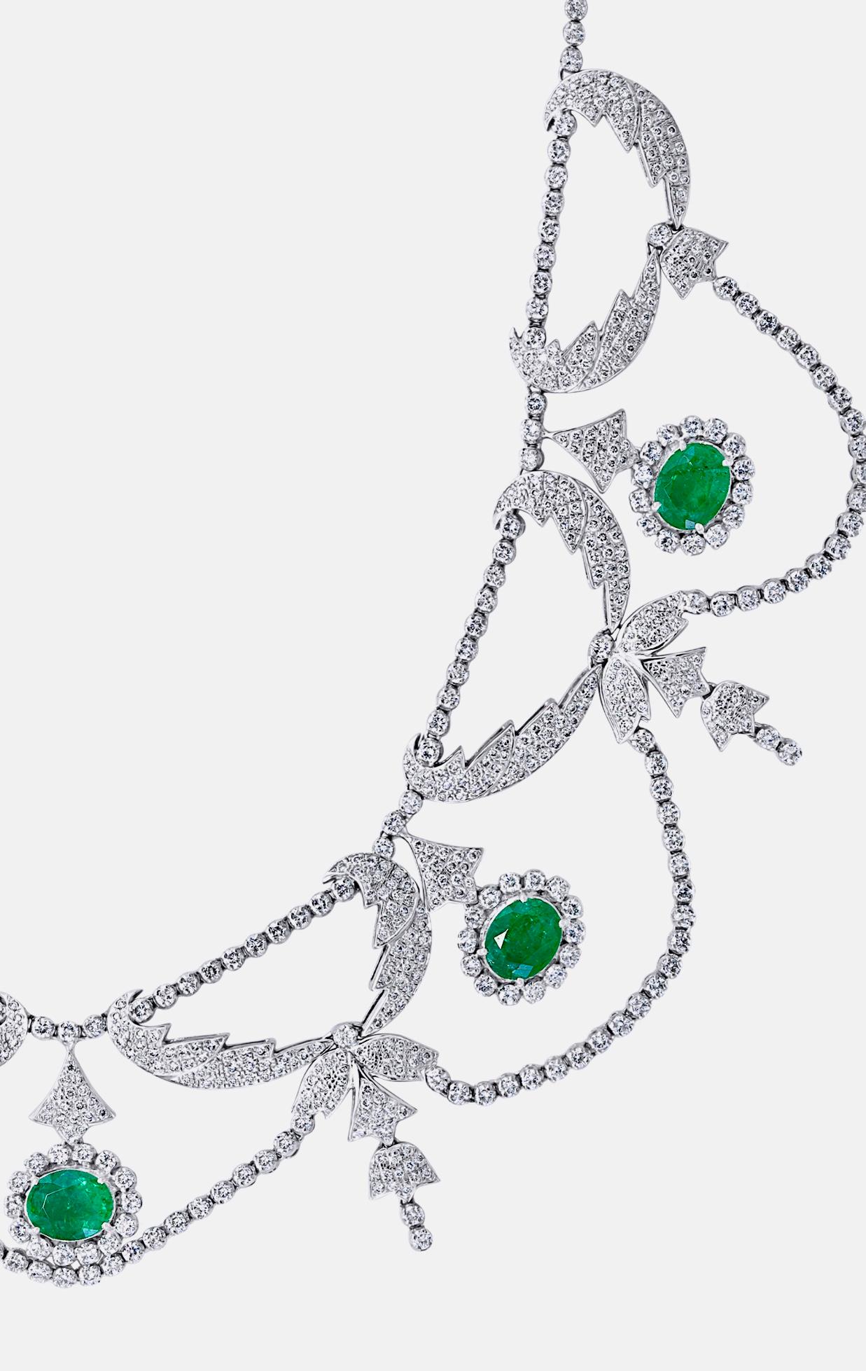 Oval Natural Zambian Emerald & Diamond Fringe Necklace and Earring Bridal Suite For Sale 1