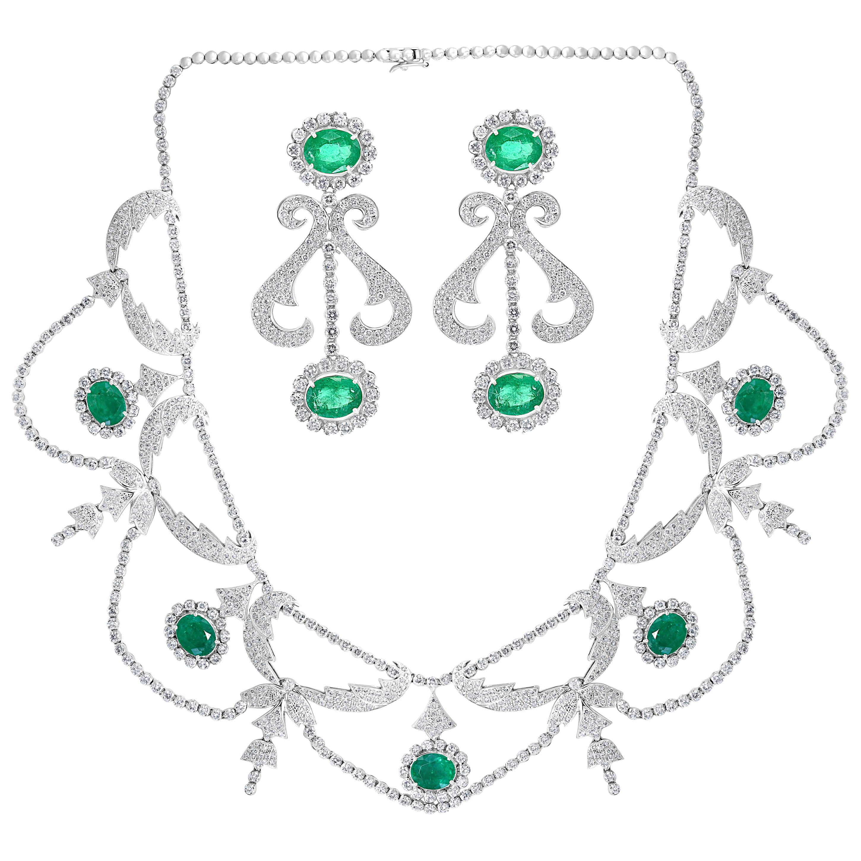Oval Natural Zambian Emerald & Diamond Fringe Necklace and Earring Bridal Suite