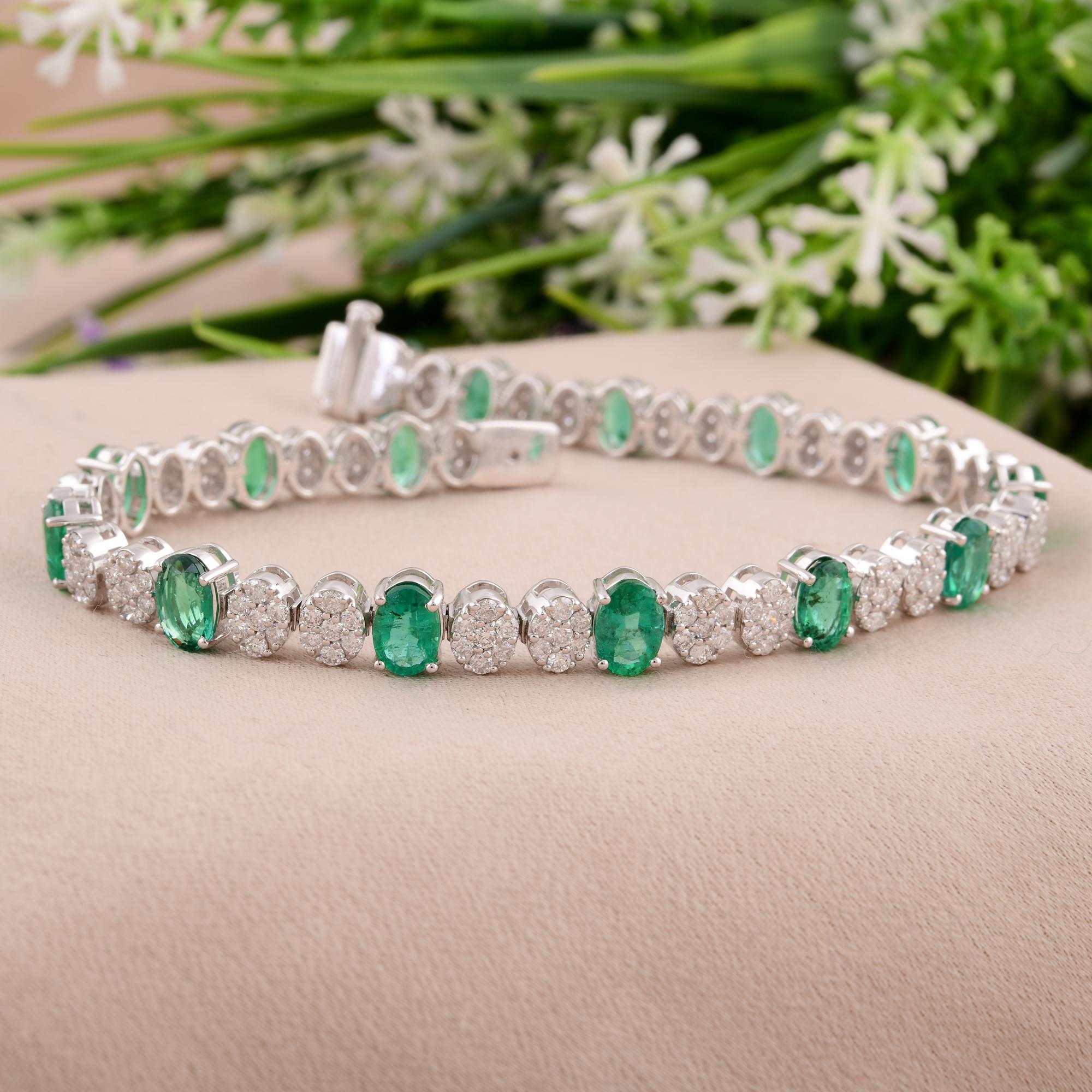 Oval Cut Oval Shape Zambian Emerald Gemstone Bracelet Diamond 18 Karat White Gold Jewelry For Sale