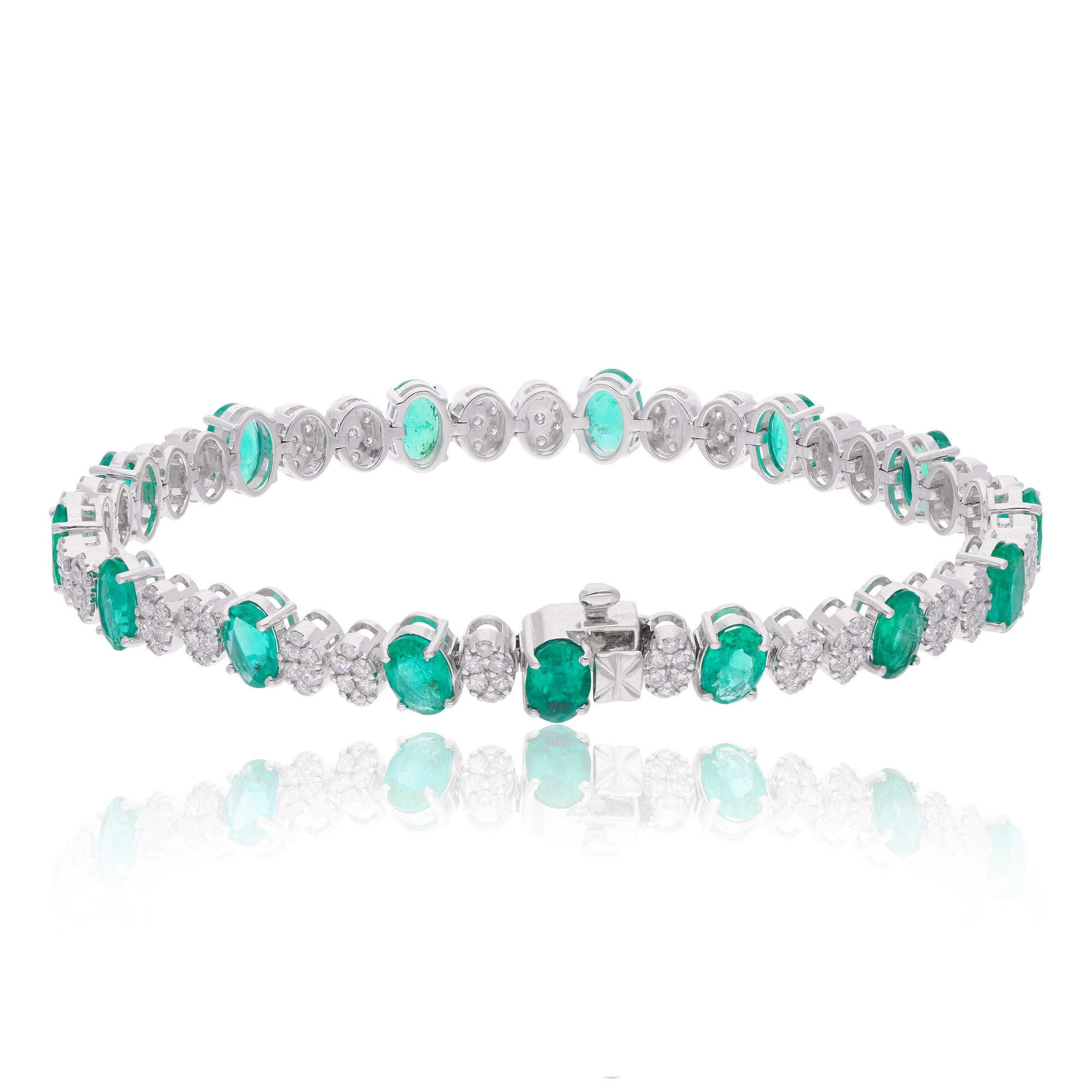 Women's Oval Shape Zambian Emerald Gemstone Bracelet Diamond 18 Karat White Gold Jewelry For Sale