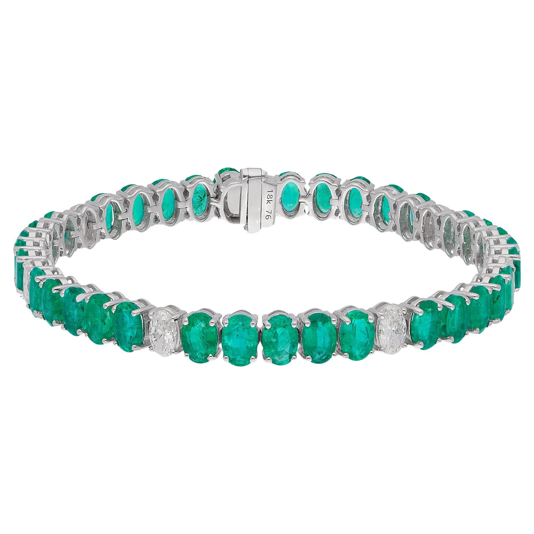 Oval Shape Natural Emerald Gemstone Bracelet Diamond 18 Karat White Gold Jewelry