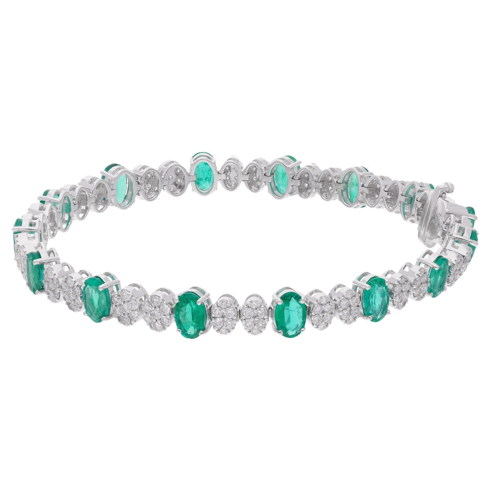 Oval Shape Zambian Emerald Gemstone Bracelet Diamond 18 Karat White Gold Jewelry For Sale