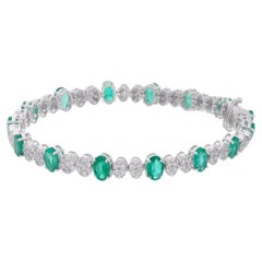 Oval Shape Zambian Emerald Gemstone Bracelet Diamond 18 Karat White Gold Jewelry