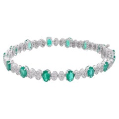Oval Shape Zambian Emerald Gemstone Bracelet Diamond 18 Karat White Gold Jewelry