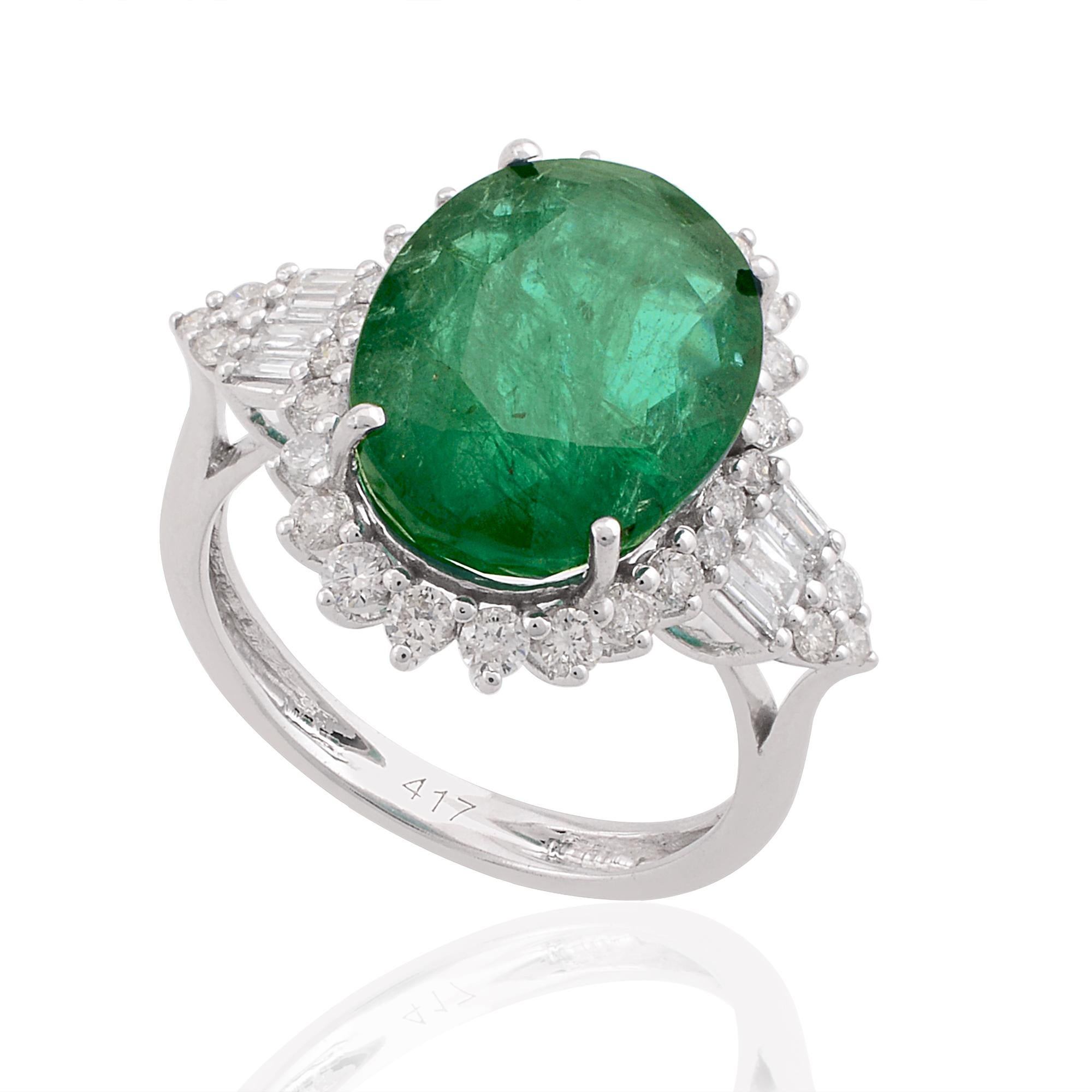 Modern Oval Shape Natural Emerald Gemstone Cocktail Ring Diamond 10 Karat White Gold For Sale
