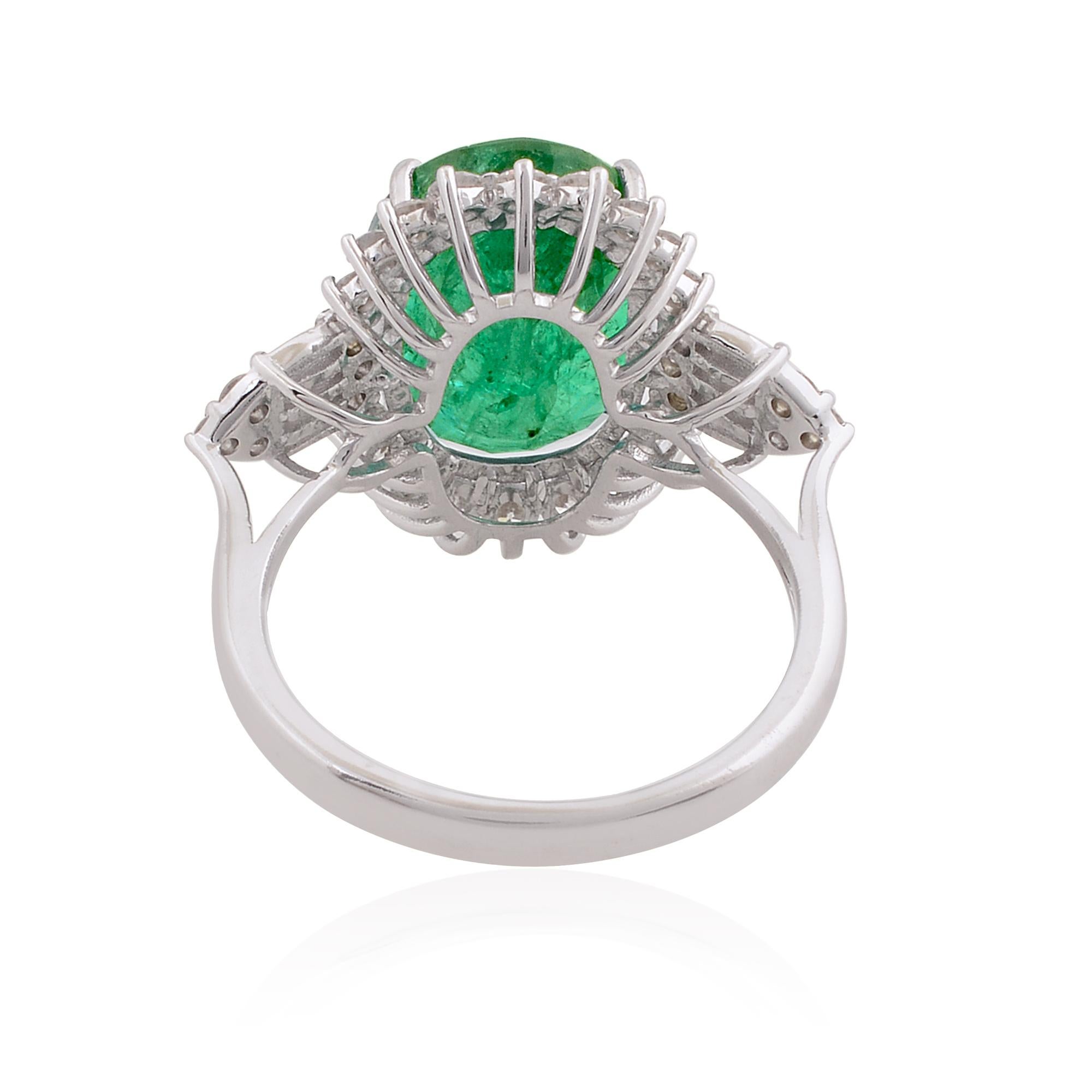 Oval Cut Oval Shape Natural Emerald Gemstone Cocktail Ring Diamond 10 Karat White Gold For Sale