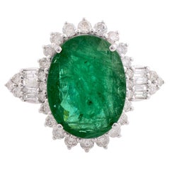 Oval Shape Natural Emerald Gemstone Cocktail Ring Diamond 10 Karat White Gold