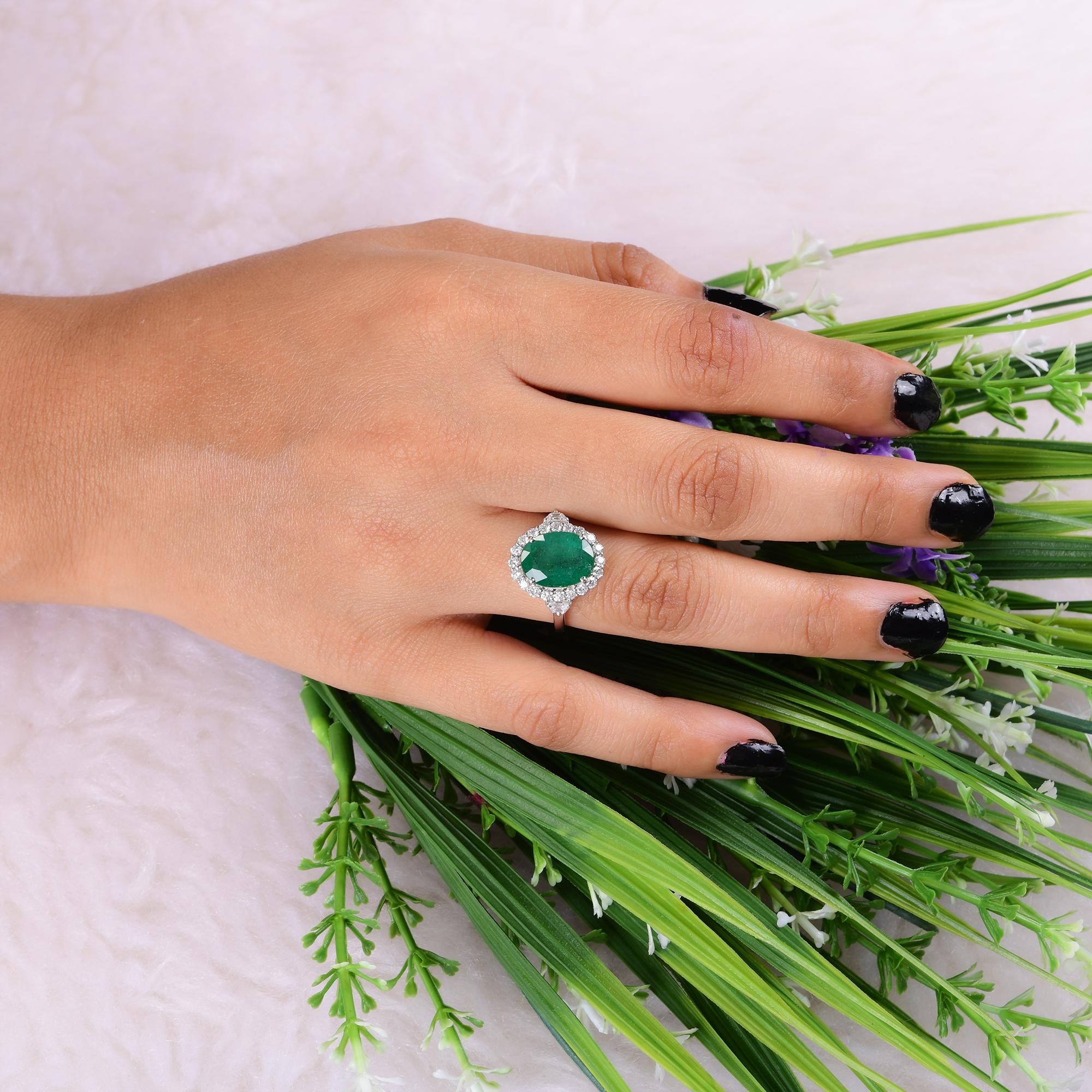 Modern Oval Shape Zambian Emerald Gemstone Cocktail Ring Diamond 14 Karat White Gold For Sale
