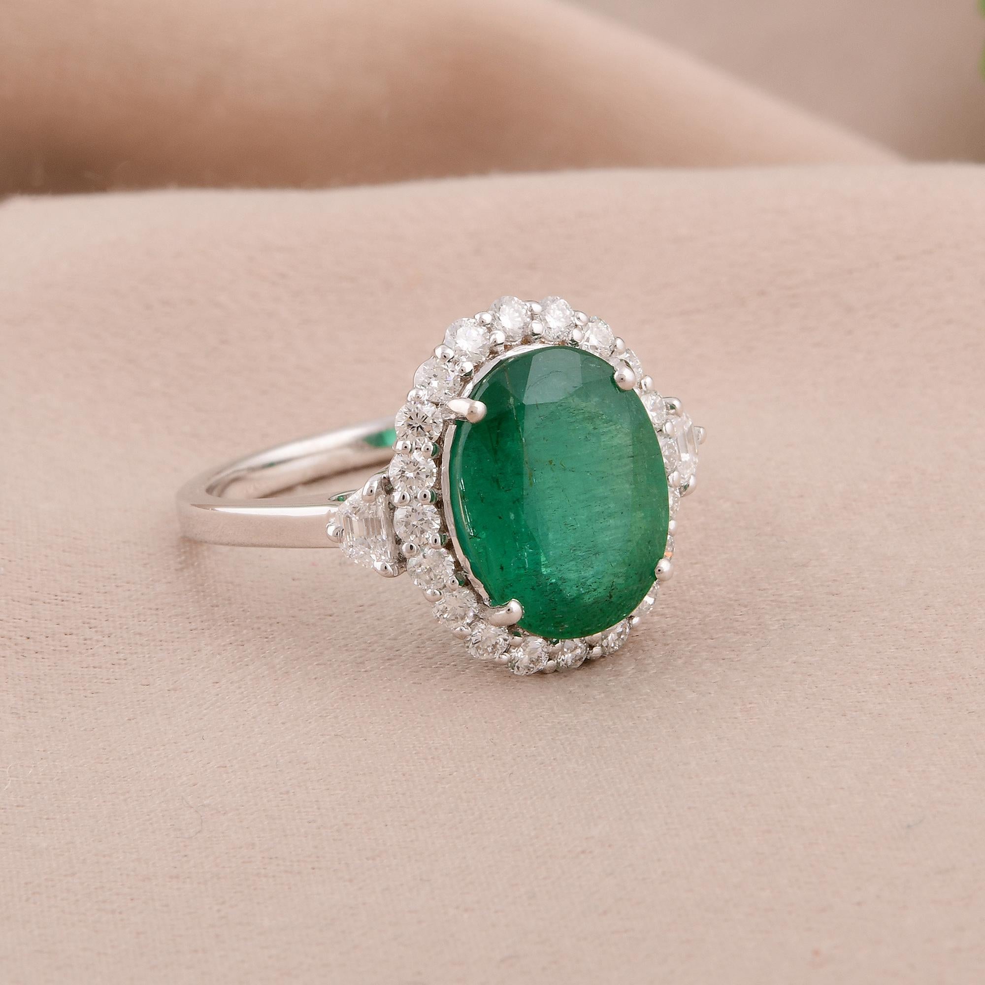 Oval Cut Oval Shape Zambian Emerald Gemstone Cocktail Ring Diamond 14 Karat White Gold For Sale