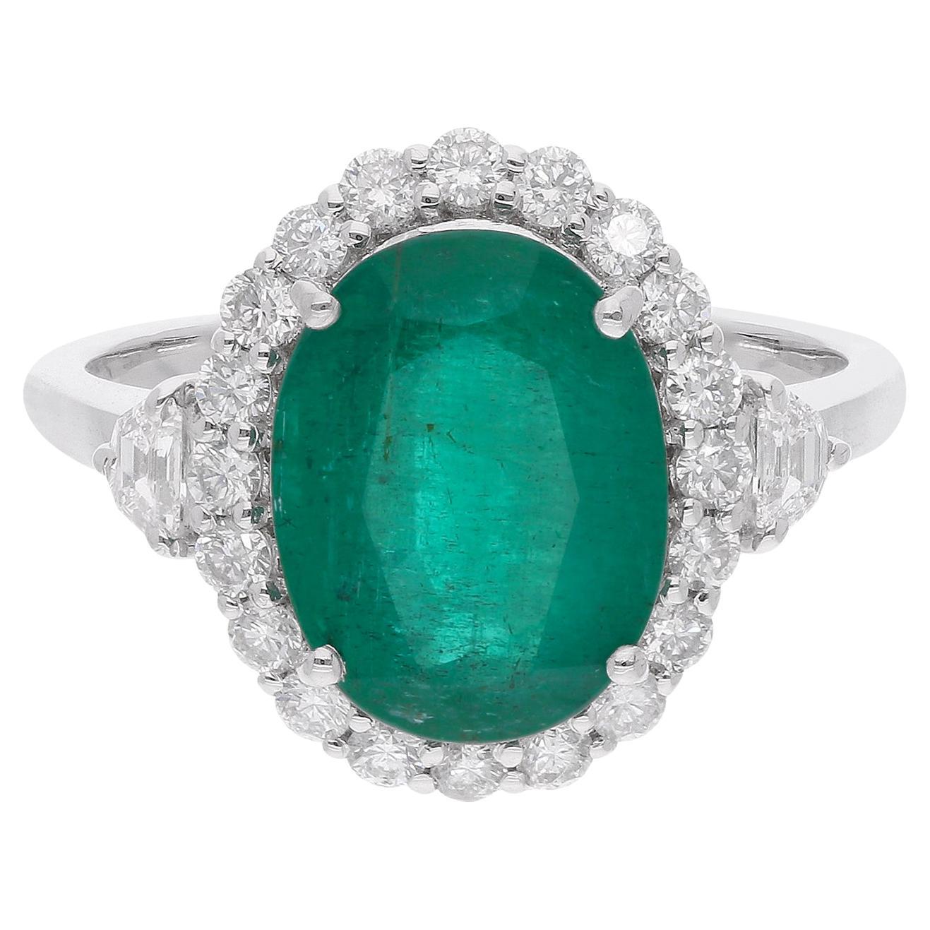 Oval Shape Zambian Emerald Gemstone Cocktail Ring Diamond 14 Karat White Gold