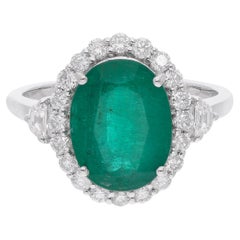 Oval Shape Zambian Emerald Gemstone Cocktail Ring Diamond 14 Karat White Gold