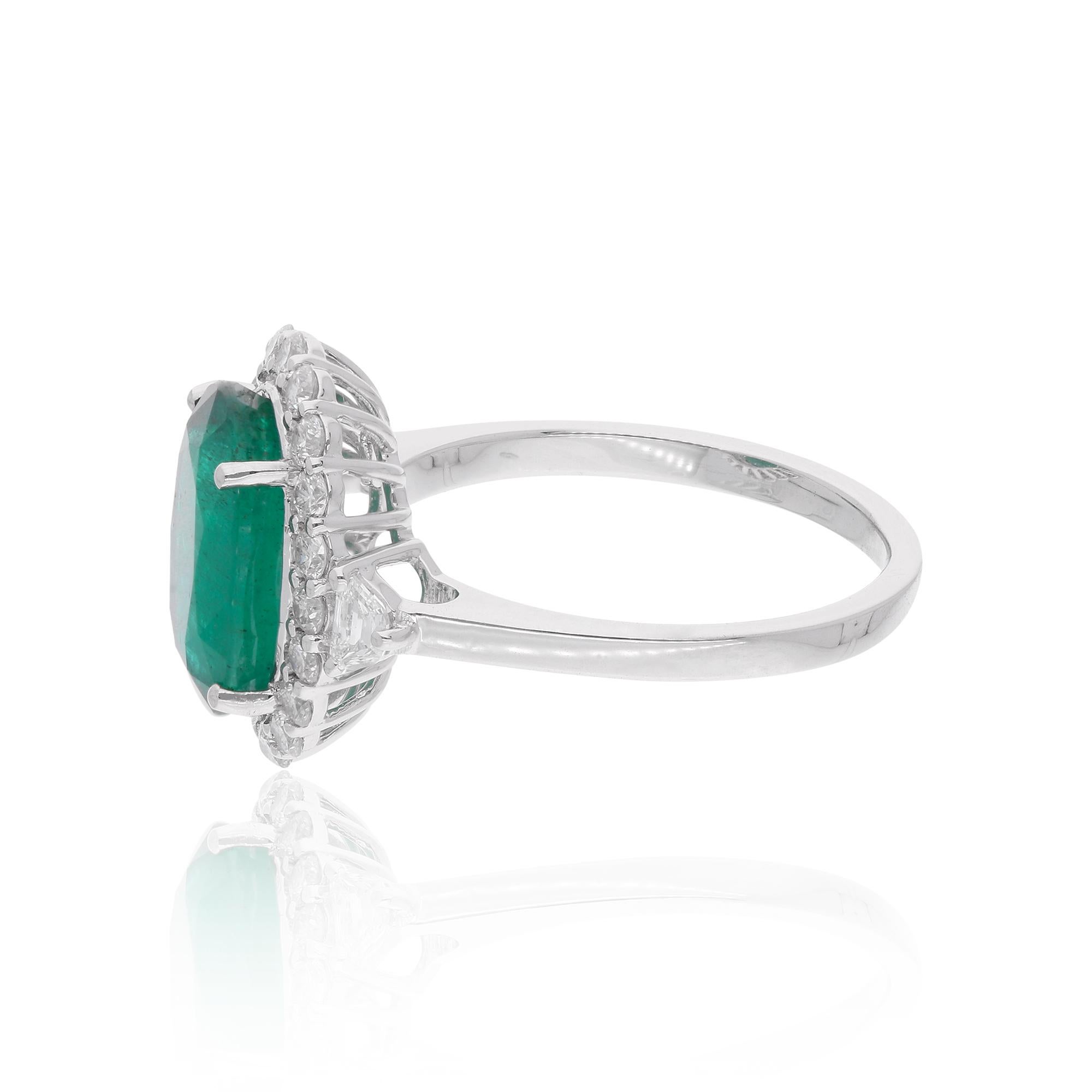 Modern Oval Shape Zambian Emerald Gemstone Cocktail Ring Diamond 18 Karat White Gold For Sale