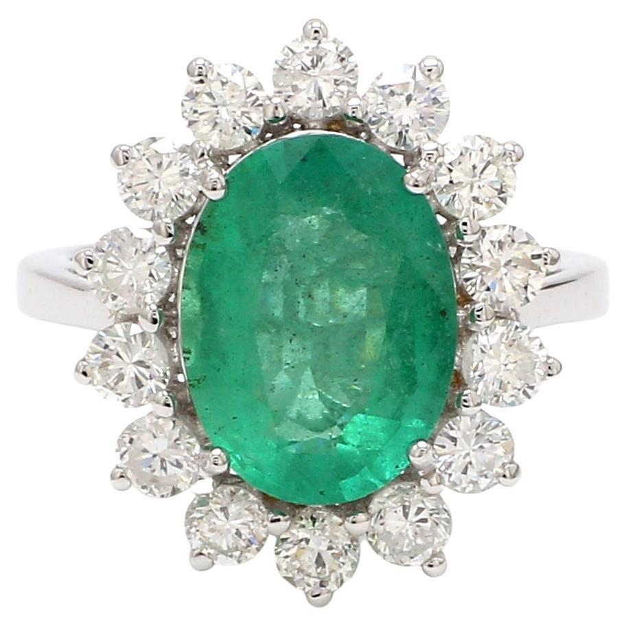 For Sale:  Oval Shape Natural Emerald Gemstone Cocktail Ring Diamond 18 Karat White Gold