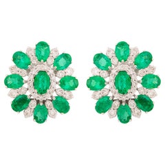 Oval Shape Zambian Emerald Gemstone Flower Earrings 10 Karat White Gold Jewelry