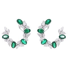 Oval Shape Zambian Emerald Gemstone Hoop Earrings Diamond 14 Karat White Gold