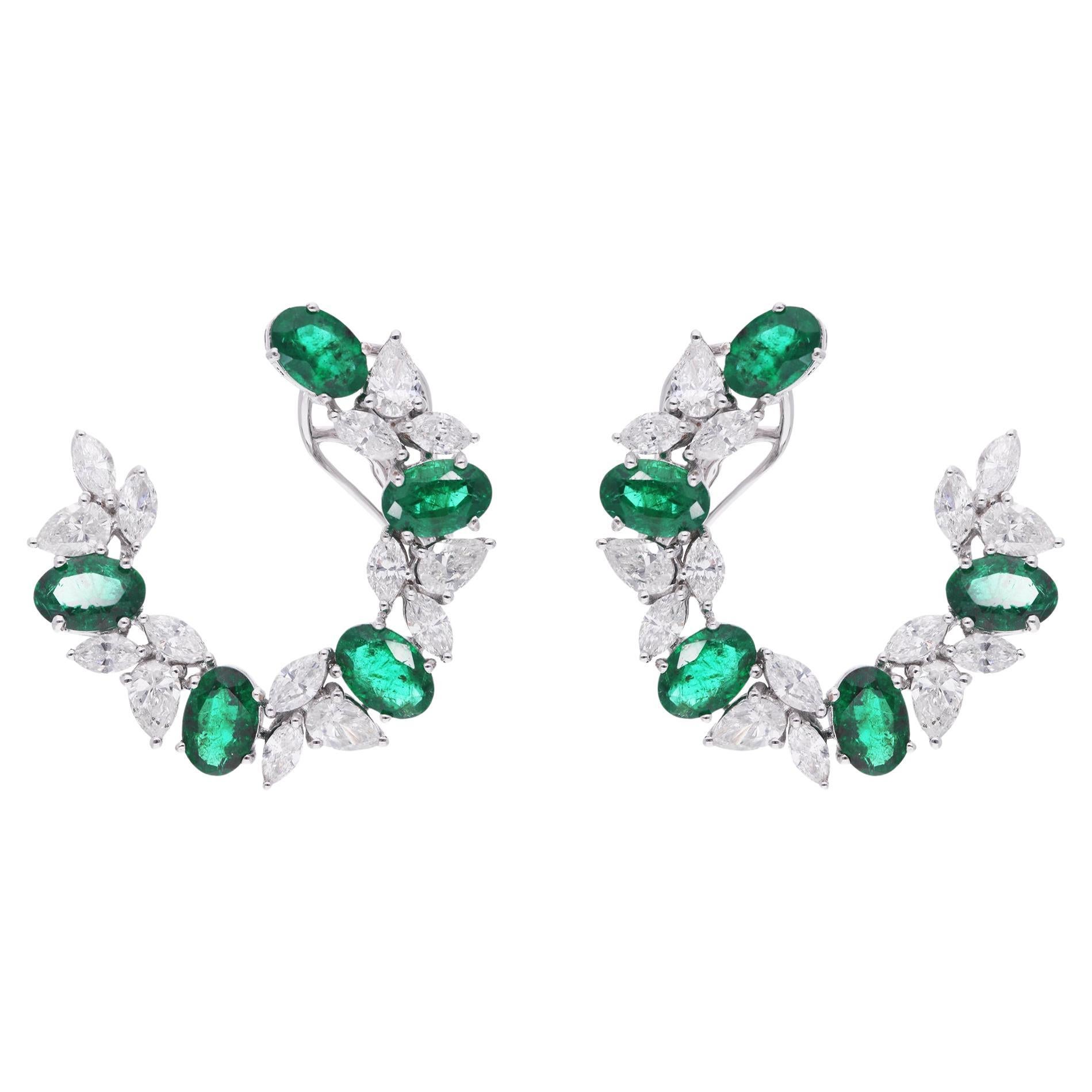 Oval Shape Zambian Emerald Gemstone Hoop Earrings Diamond 14 Karat White Gold