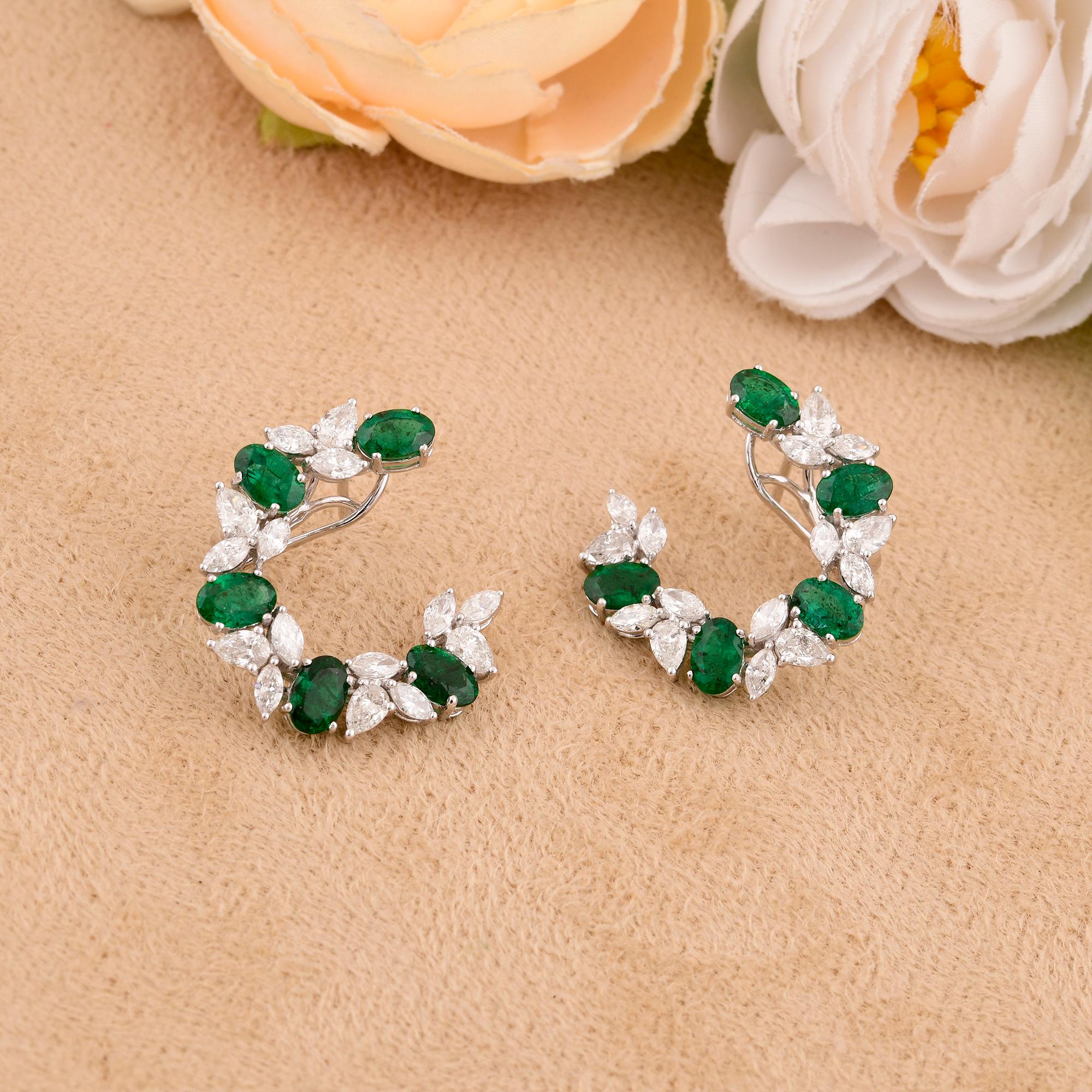 Modern Oval Shape Zambian Emerald Gemstone Hoop Earrings Diamond 18 Karat White Gold For Sale