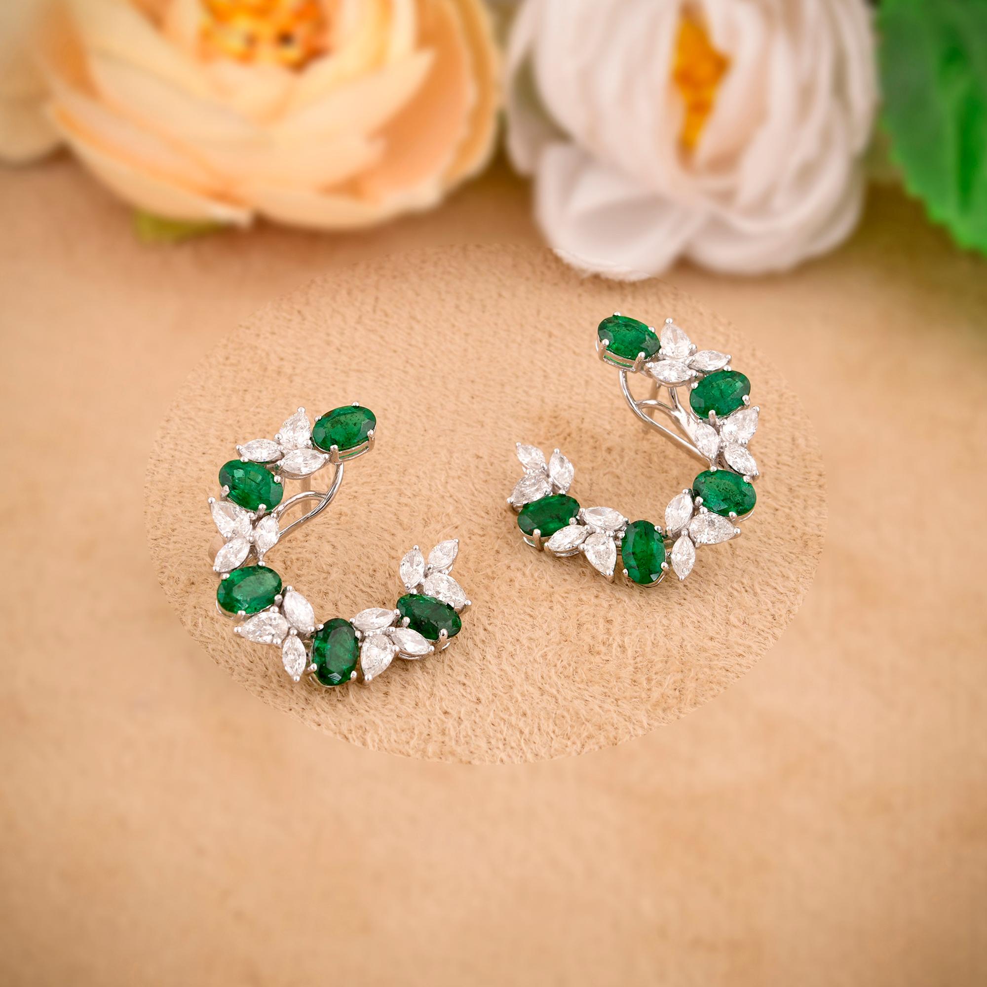 Oval Cut Oval Shape Zambian Emerald Gemstone Hoop Earrings Diamond 18 Karat White Gold For Sale