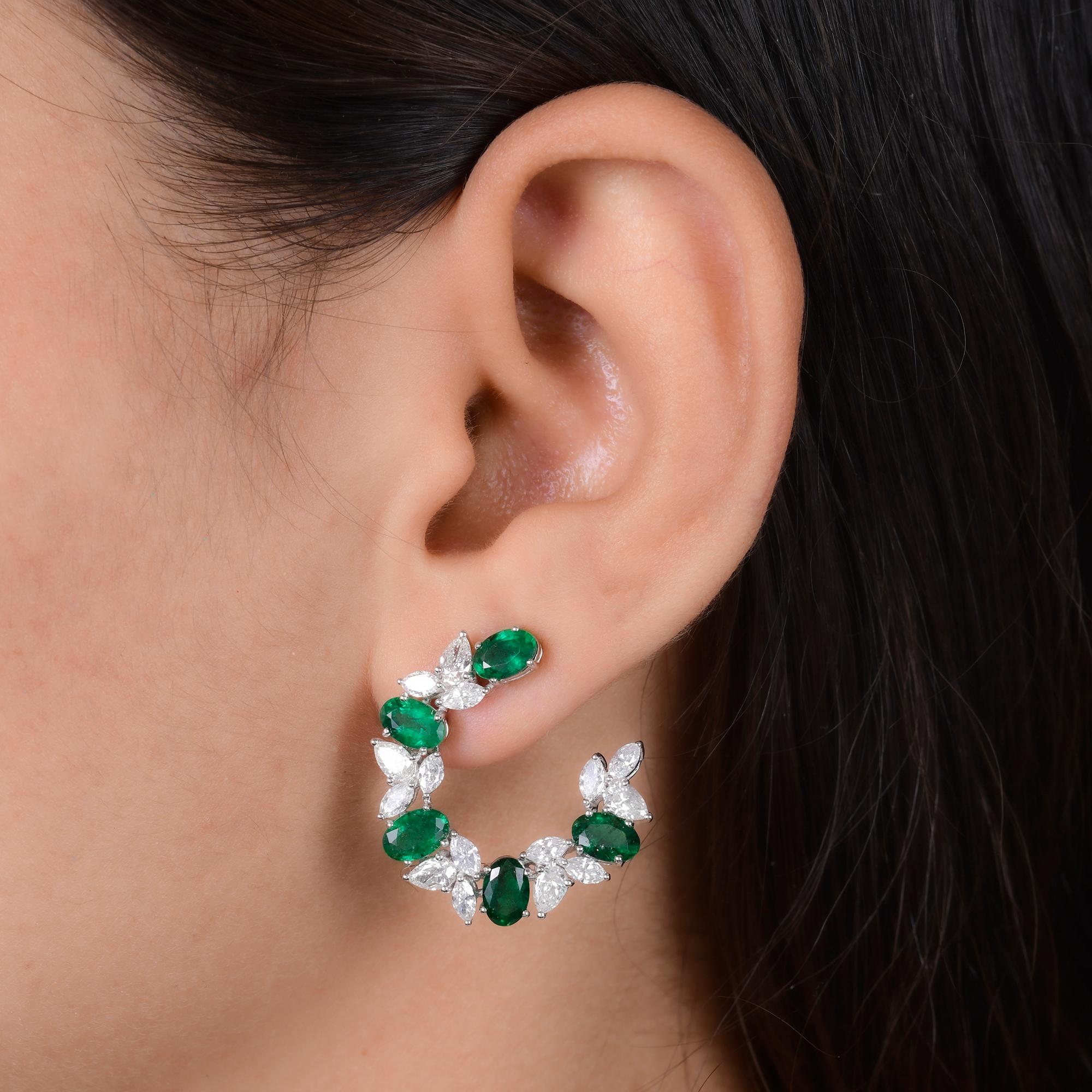 Women's Oval Shape Zambian Emerald Gemstone Hoop Earrings Diamond 18 Karat White Gold For Sale